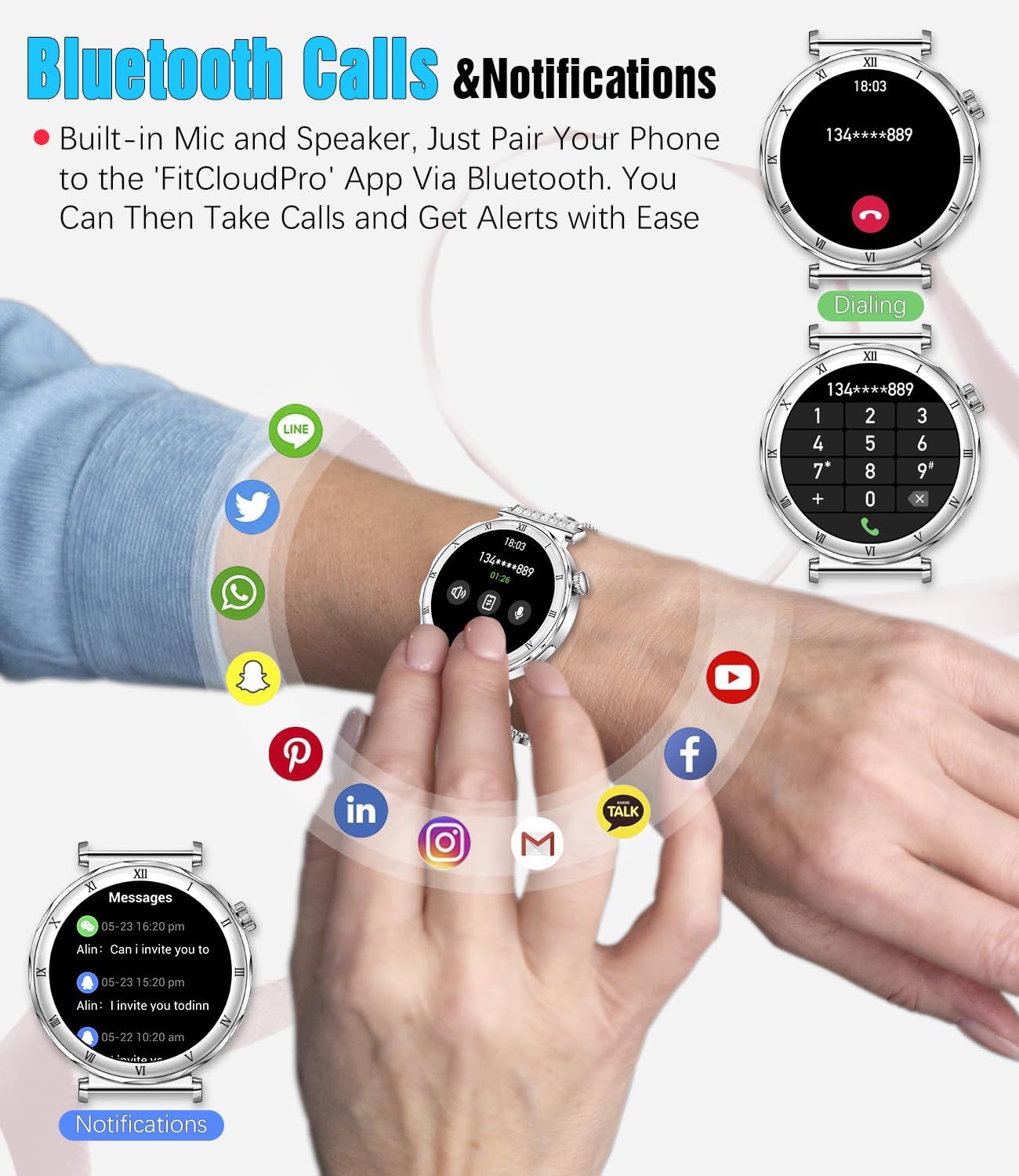 AMOLED Reloj inteligente para mujer, pantalla HD de 1.2", monitor de ritmo cardíaco/sueño, llamada Bluetooth, impermeable IP67, compatible con iOS y Android (plata elegante RT-i222)