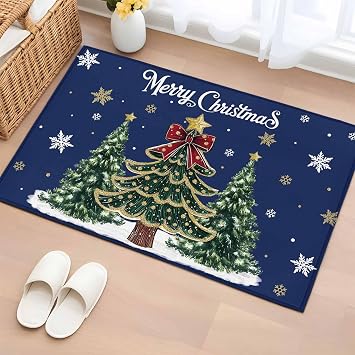 DecorLovee Entryway Rug 2x3, Blue Christmas Small Rug for Kitchen Bathroom Door Mat Indoor Entrance, Xmas Christmas Tree Snowflake Balls Non-Slip Area Rugs Floor Mats Carpet Front Door Rugs