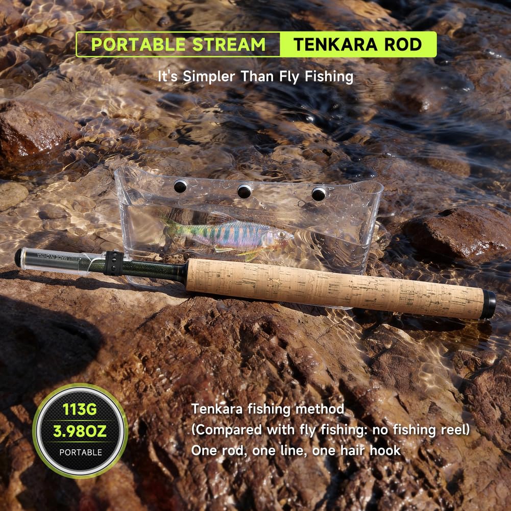 Tenkara Fliegenfischrute, 44–350 cm, Kohlefaser, tragbar, mit Holzimitat, leicht, 113 g, keine Rolle erforderlich, zusammenklappbar