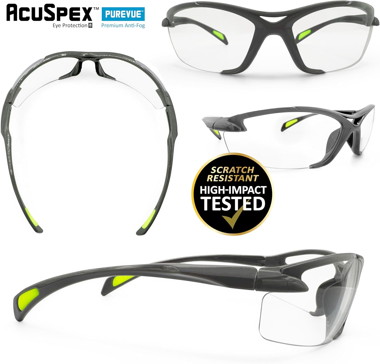 MAGID AcuSpex Clear, Semi-Frameless Safety Glasses, PureVue Premium Anti-Fog, 144 Pairs, Gray/Lime, PX4080