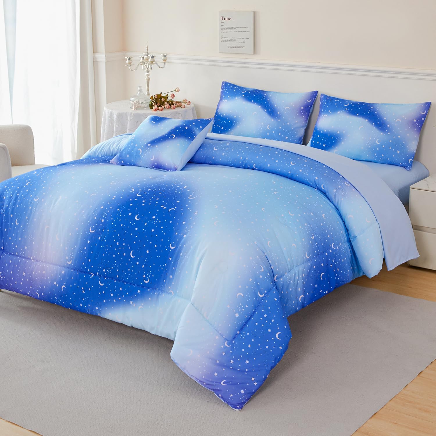 URBONUR 6Pcs Gradient Glitter Comforter Set for Girls Twin Size Blue Galaxy Kids Bedding Set for Boys Comforter Sets Soft Bed in A Bag Twin (Ombre Blue) - Image 2