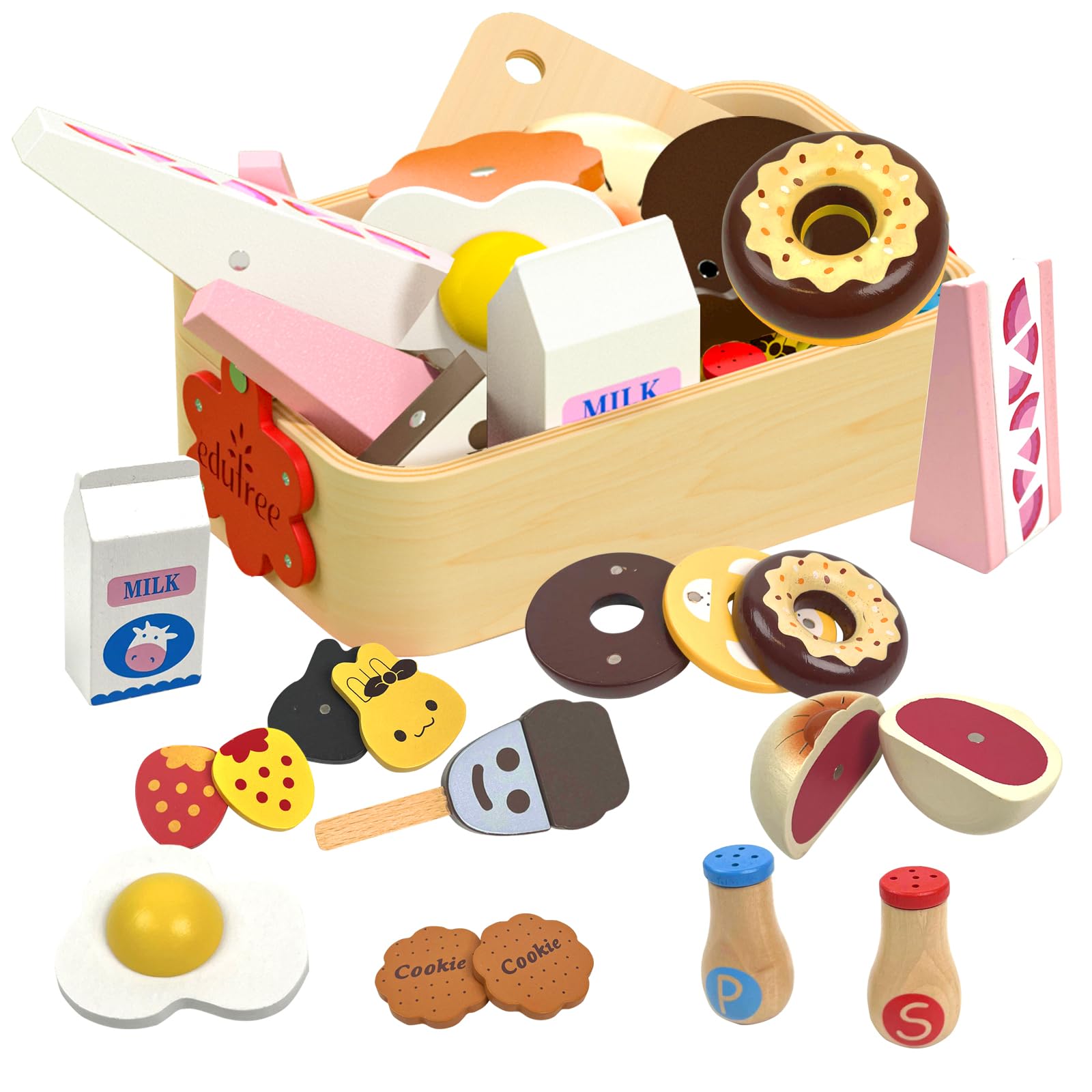 Wooden Play Food Set for Kids Kitchen, Pretend Cutting Breakfast Cake Set with Board & Wood Storage Basket, Play Fake PlaySets Montessori Toys for 2+ Years Old Toddlers 3 4 5
