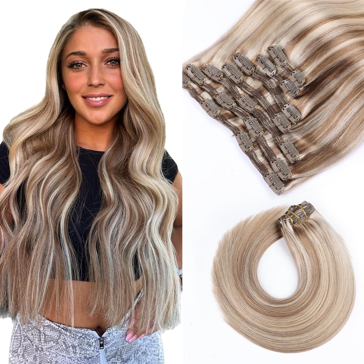 VINBAO Clip in Hair Extensions 20Inch 160g 7pcs Thick Ash Brown Highlighted Platinum Blonde Hair Extensions Clip in Human Hair Clip in Hair Extensions Real Human Hair Double Weft (#HC8P60,20'')