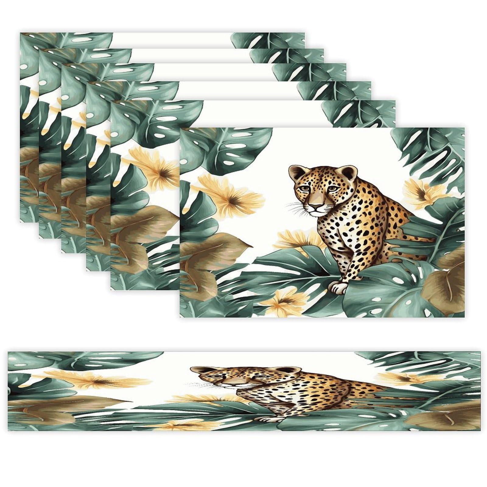 Leopard and Palm Leaves Table Runner and Placemats Set of 6 for Kitchen Washable Table Mats Heat Resistant Place Mats Non-Slip Place Mat Wipeable Placemat(6 Placemats+1 Table Runner)