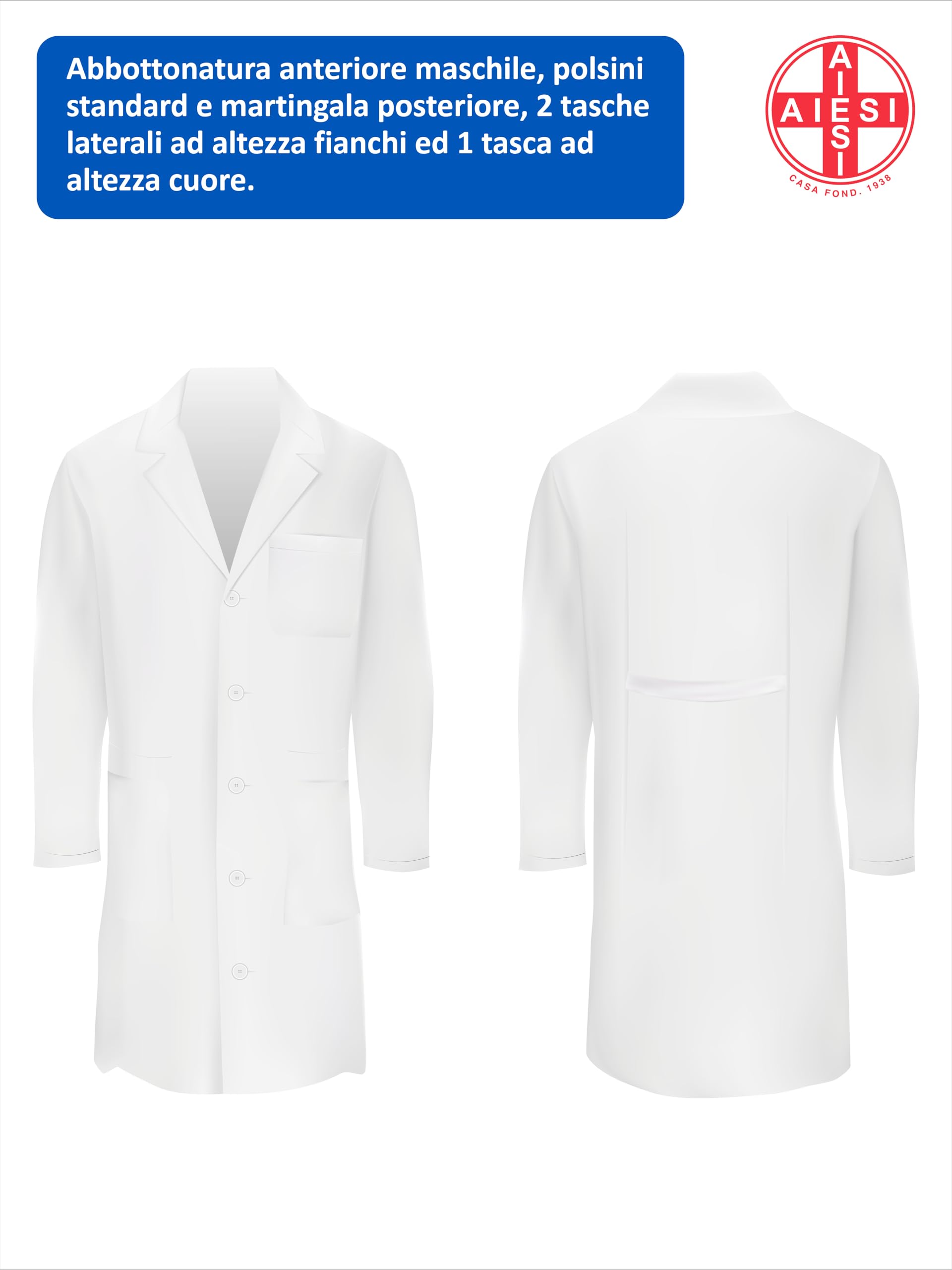AIESI® Camice medico e da laboratorio per uomo bianco in cotone 100% sanforizzato