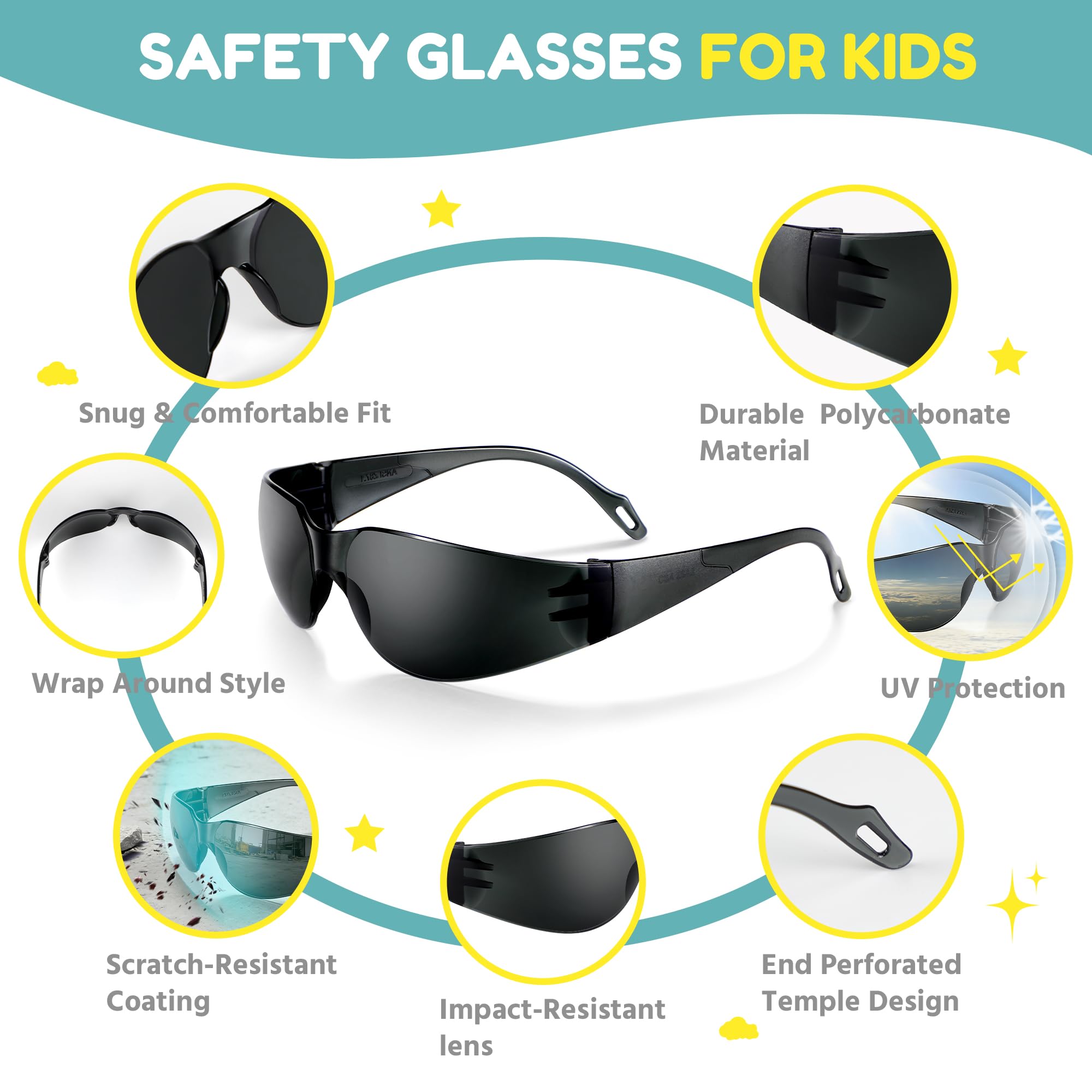 Getönte Kinderschutzbrille, ANSI Z87.1, Rauchglas, UV400-Schutz, kratz- und schlagfest, 24 Stück, Grauschwarz, für Schule, Sport, Heimwerker