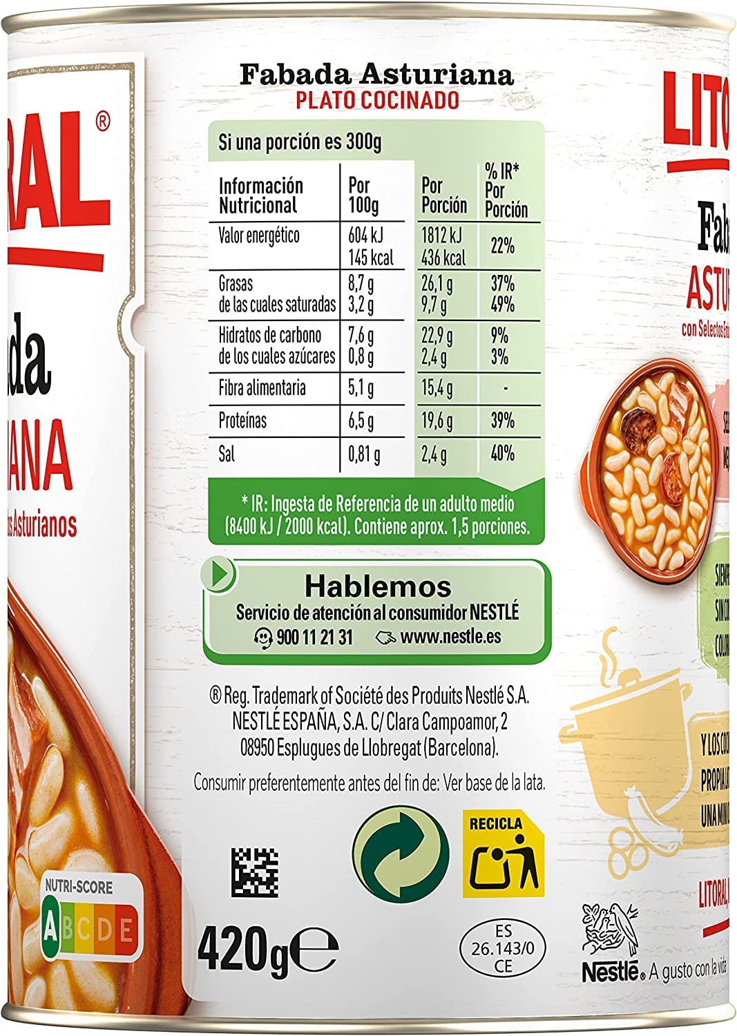 Lote de 6 latas fabada asturiana litoral 435gr