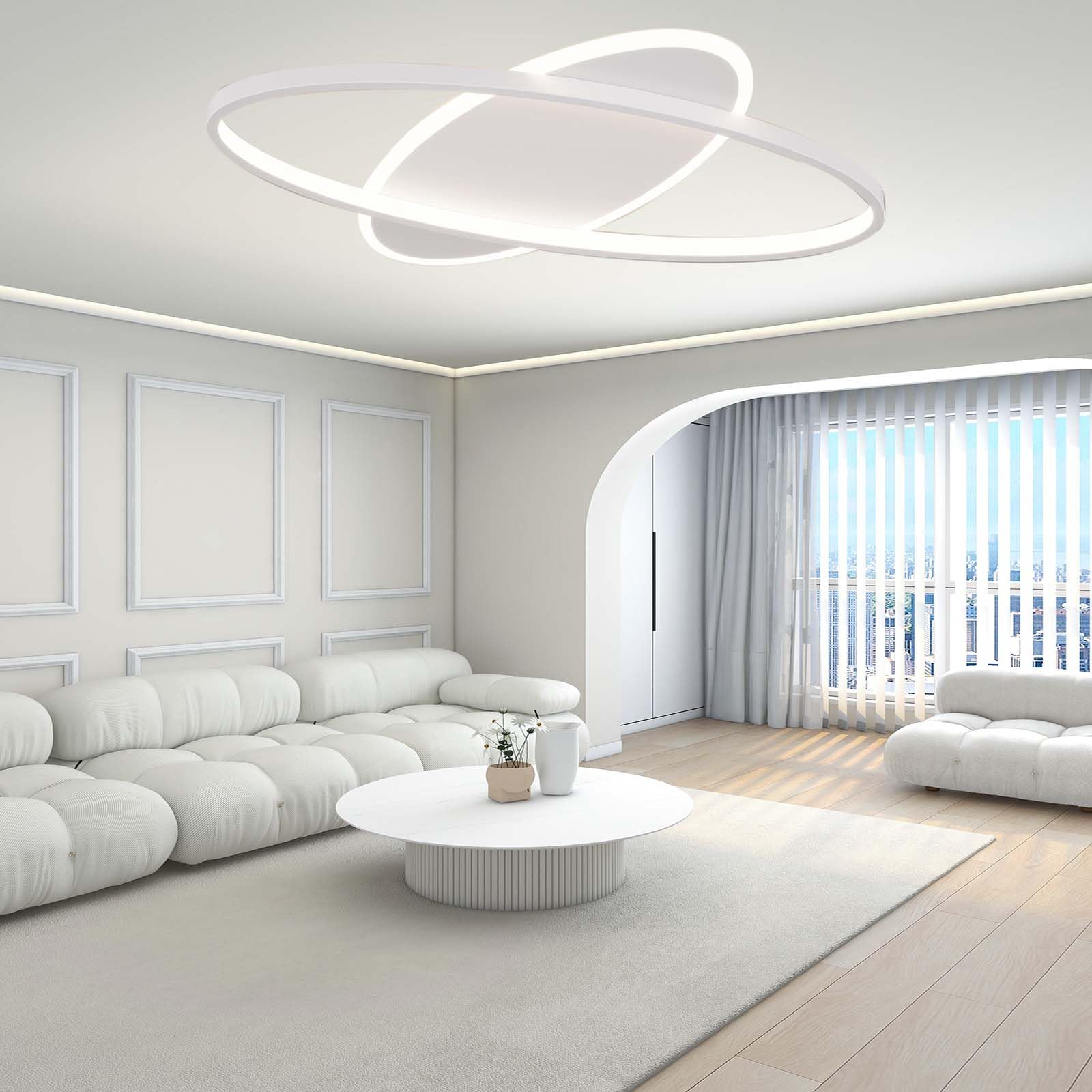 KXEcoLife Modern 45cm LED Ceiling Light with Remote Control App Infinitely Dimmable Pendant for Living Room and Bedroom 30w Oval Chandelier in White 55CM
