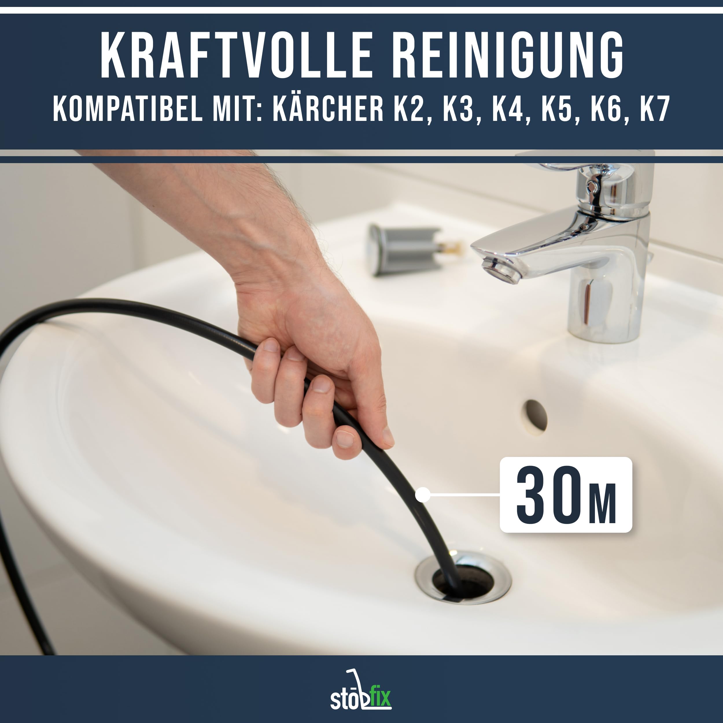 30 m Rohrreinigungsschlauch Set für Kärcher K2, K3, K4, K5, K6, K7 inkl. 2 Düsen und Adapter Abflussreiniger Schlauch Hochdruckreiniger 180 bar
