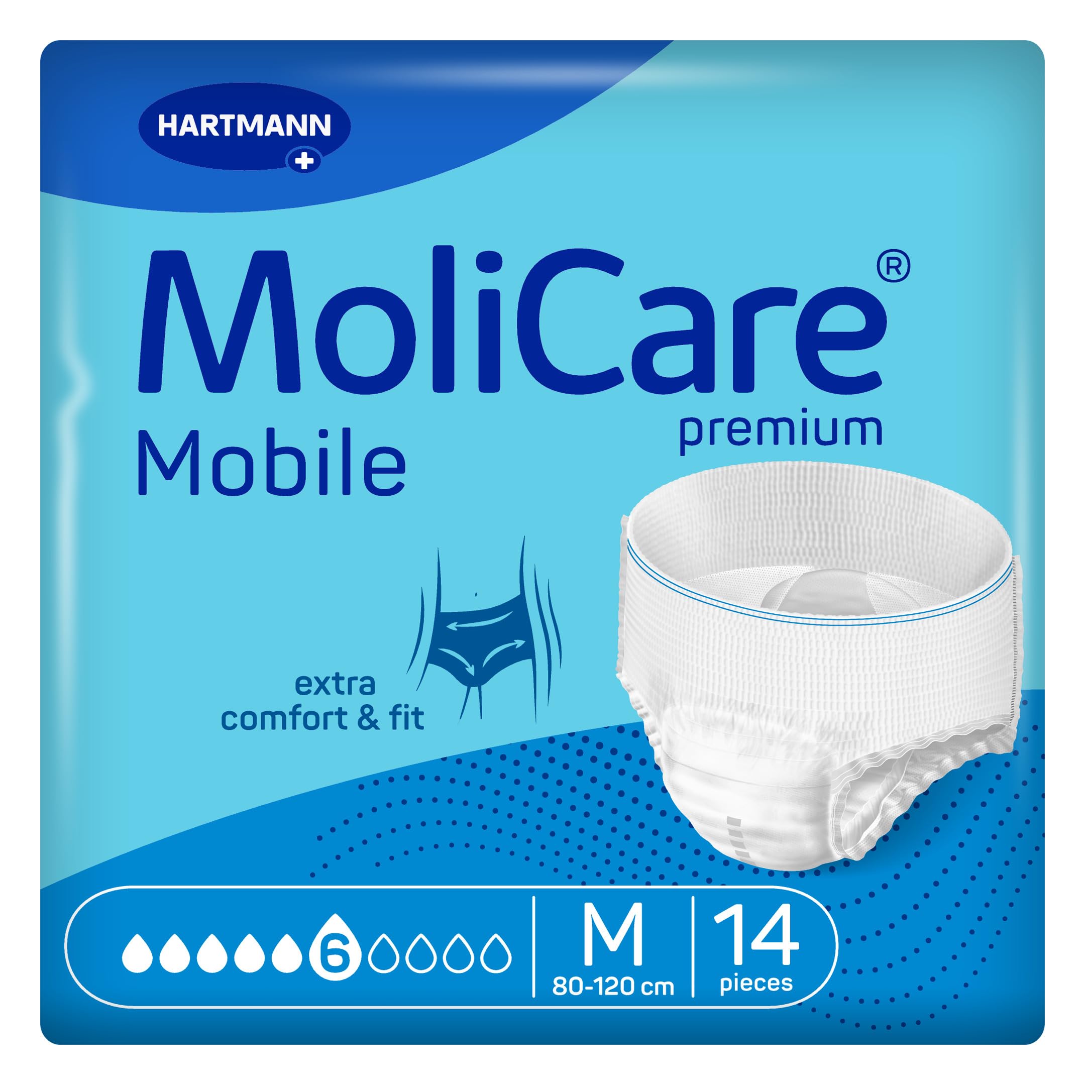 MoliCare Premium Mobile 6 Drops, Size M, Incontinence Trousers for Men and Women with Moderate Incontinence, Extra Leak Protection, Skin Protection, Improved Fit, 31-47 in, Pack of 14-image-44