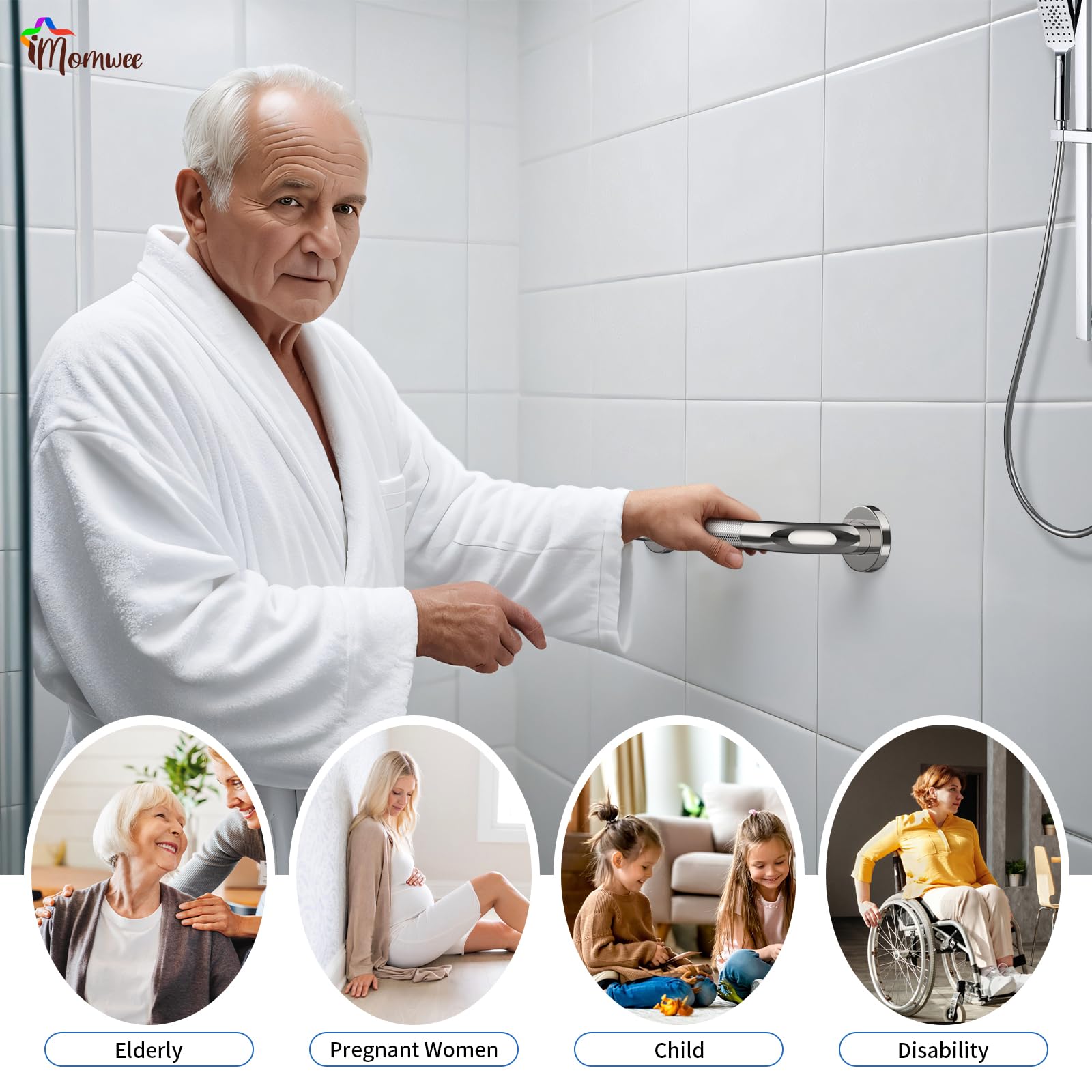 Barra de agarre cromada para ducha, 12 pulgadas, paquete de 2 barras de agarre de acero inoxidable con agarre estriado antideslizante, barra de soporte de equilibrio de baño, barra de apoyo