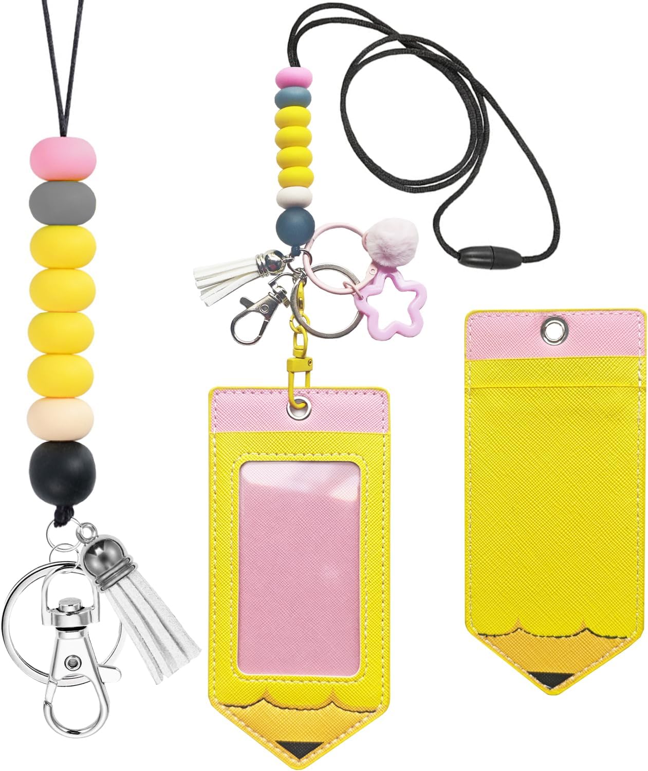 Pencil Teacher Lanyard for ID Badges, 2 Pcs Teacher Breakaway Lanyards for ID Holder with Cute Silicone Beads Lanyard Keychain Accessories for Office Gifts