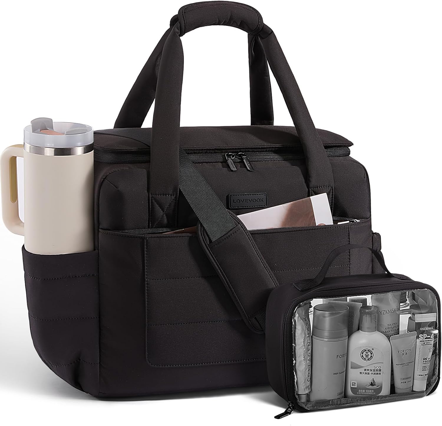 LOVEVOOK Small Gym Bag for Women & Men with Wet Pocket,26L Cute Waterproof Womens Gym Bag Travel Duffel Bags Workout Bag,Convertible Carry on Bag Overnight Bags Personal Item Travel Bag (Black,L)