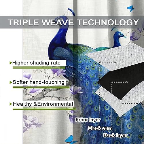 Miniatura 128 de Cortina opaca con estampado de pavo real, con estampado de animales retro, con bolsillo para cortinero y flores de peonía doradas, para dormitorio,