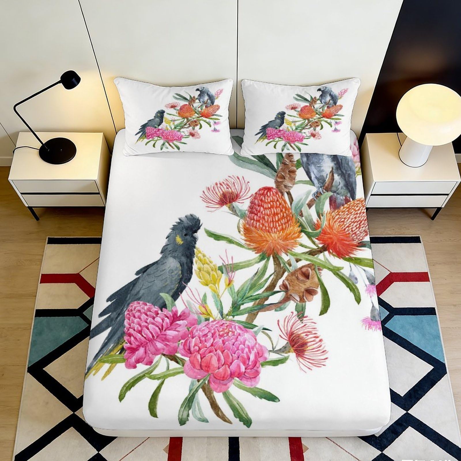 3D Printed Parrot Floral Fitted Sheet Microfiber Soft Breathable Botanical Bed Cover for Bedroom Guest Room Decor 90x200x25cm