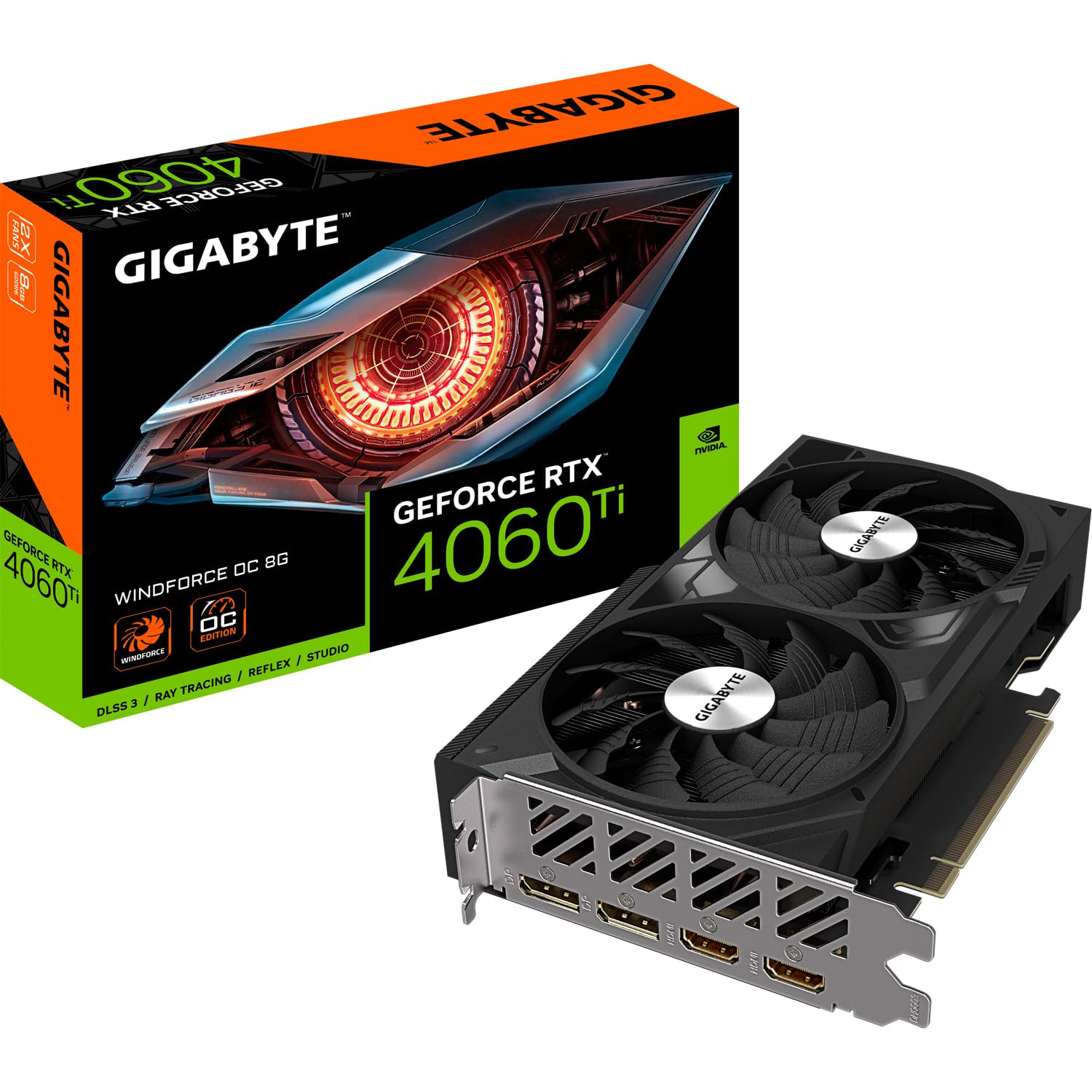 GIGABYTE NVIDIA GeForce RTX 4060 Ti WINDFORCE OC Graphics Card – 8GB GDDR6, 128-bit, PCI-E 4.0, 2550MHz Core Clock, 2X DP 1.4, 2X HDMI 2.1a, NVIDIA DLSS 3 – GV-N406TWF2OC-8GD