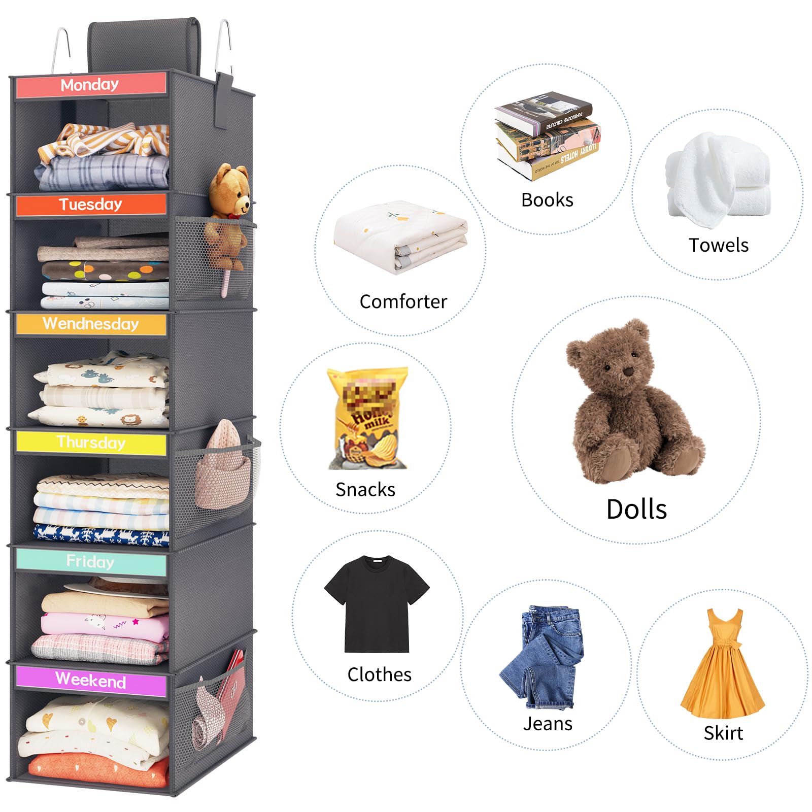 Weekly Kids Kleider-Organizer mit 6 Regalböden, zum Aufhängen, Dunkelgrau | Vliesstoff, 6 Tagesregale, 6 Netz-Seitentaschen, 2 Metallhaken, faltbares Design, für Kinder-Outfits und Zubehör