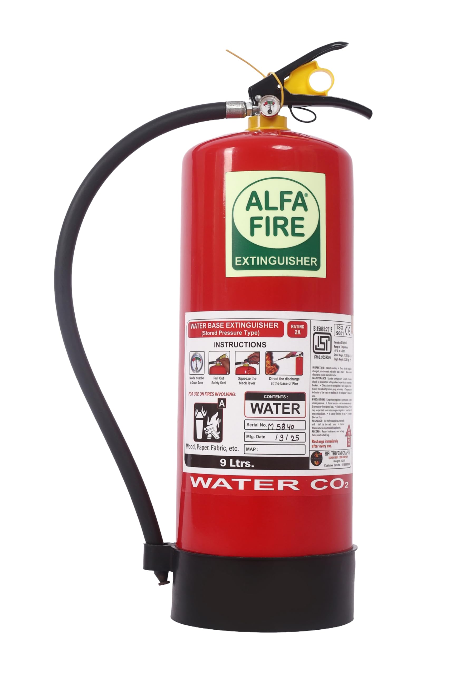 Alfa Fire 9L Water Fire Extinguisher – Class A Fire Protection – Refillable | Mild Steel Body | 3-Year Content Expiry | Ideal for Paper, Wood, Fabric, Plastic Fires | BIS Certified-picture-20