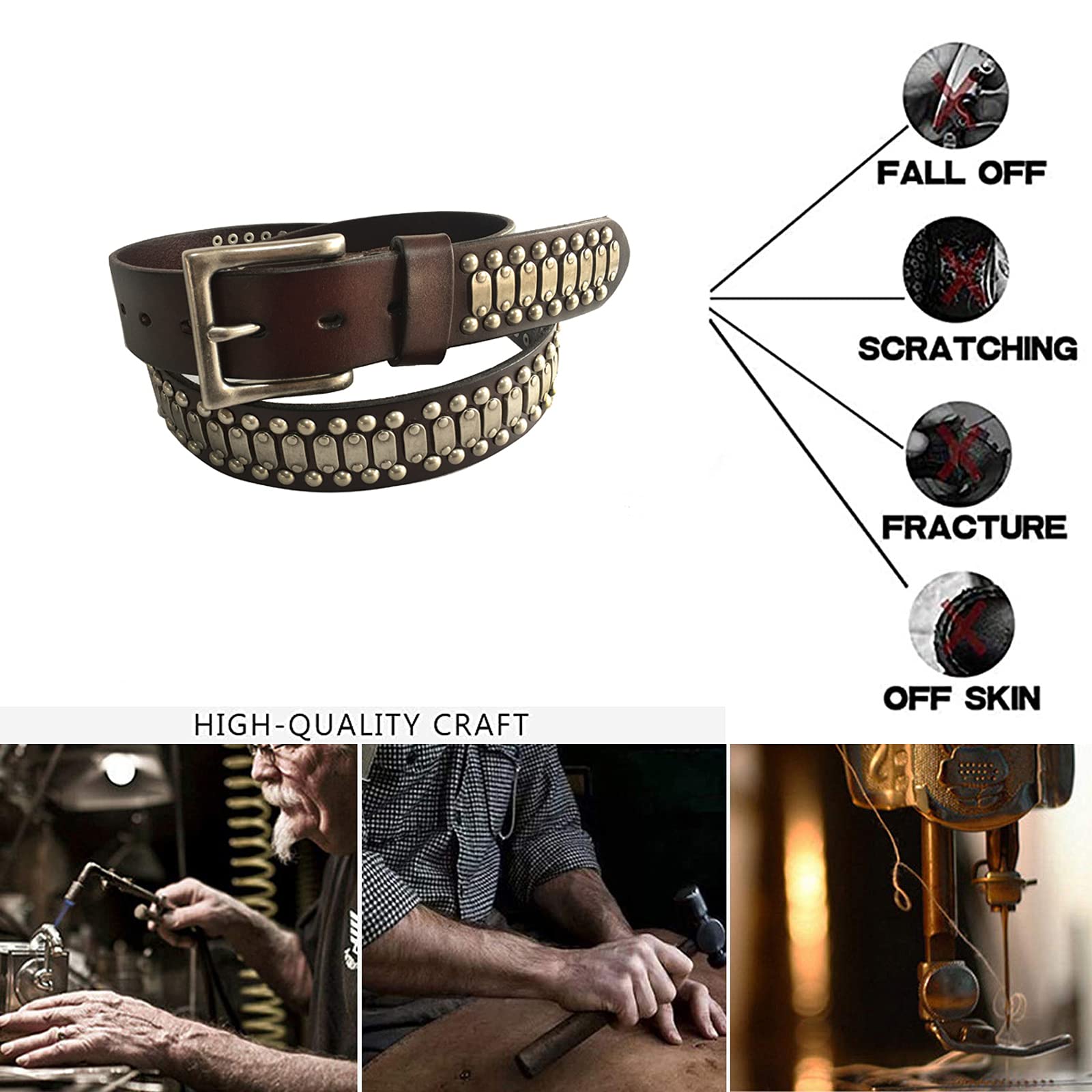 Damen Herren Gürtel Echtleder Leder 3 Reihen Runde Nieten Ledergürtel Mit Legierung Schnalle Dornschließe L Gürtel Für Jeans, Hosen, Gothic, Punk, Rockwear,Kaffee,115cm/waist:38"~40"