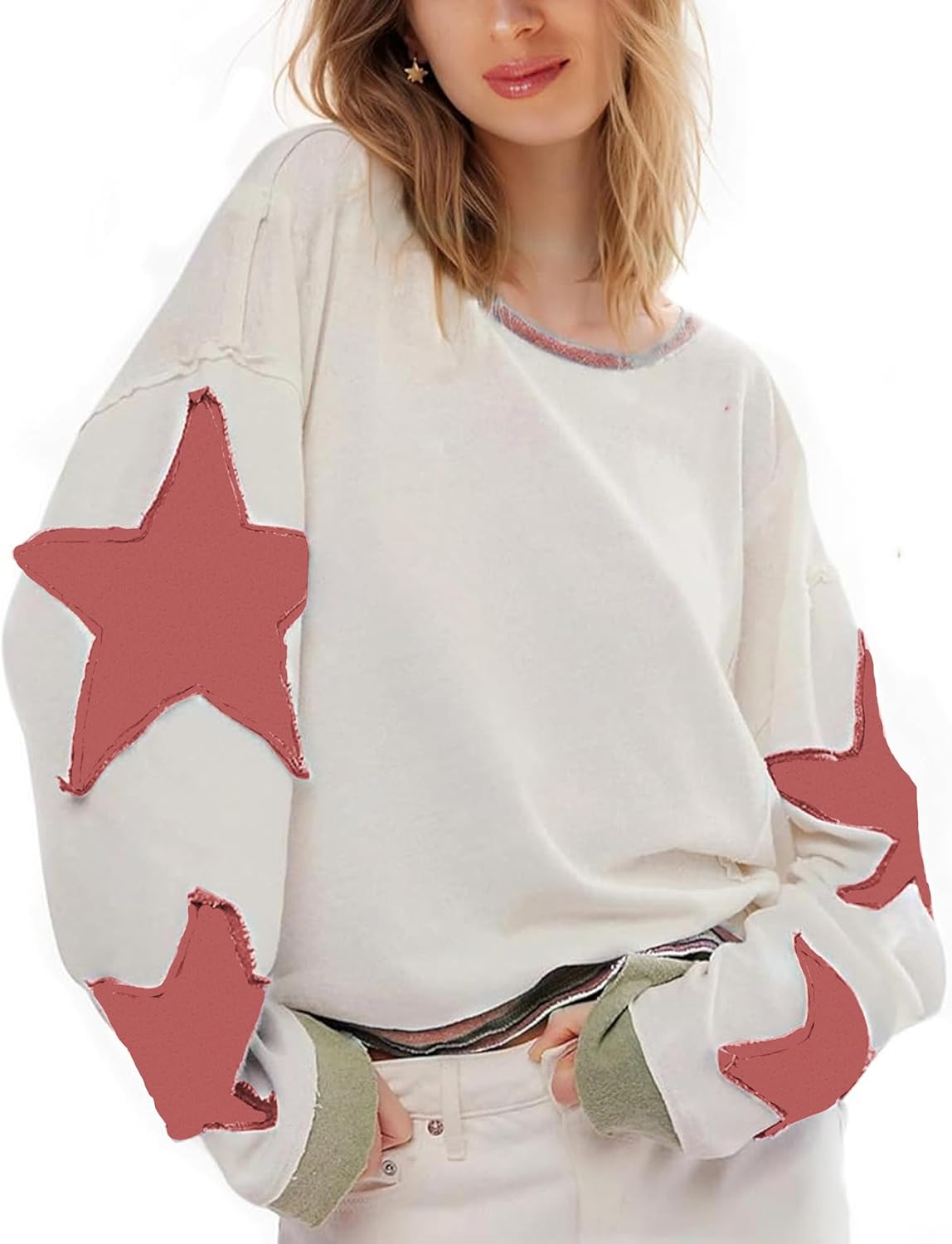 Women's Oversized Sweatshirt Long Sleeve Y2k Star Shirt Drop Shoulder Vintage Graphic Crewneck Top