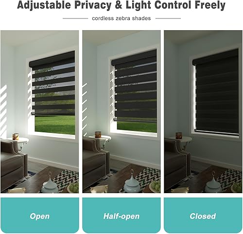 Miniatura 8 de Changshade Persiana enrollable sin cordón Zebra con cenefa, persiana de doble capa para día y noche, tratamiento de ventana de filtro de luz con