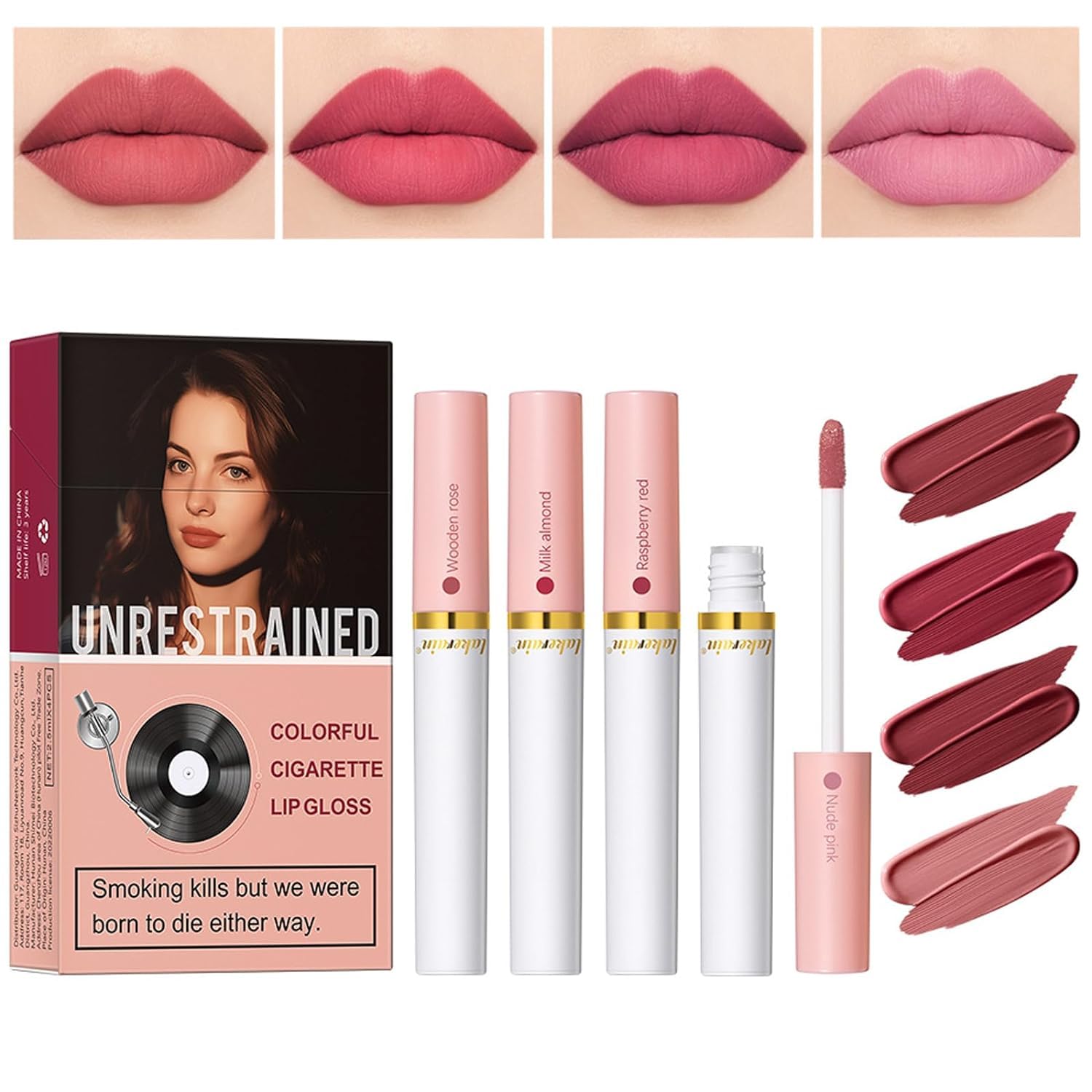 4 Colors Lana Del Rey Matte Velvet Lipstick,Waterproof Liquid Lip Tint Set,Liquid Lipstick Lana Del Rey,Long Lasting Lip Gloss Lip Tint,Matte Lipstick Tube Sexy Nuder,Lana Del Rey Makeup (SET A)