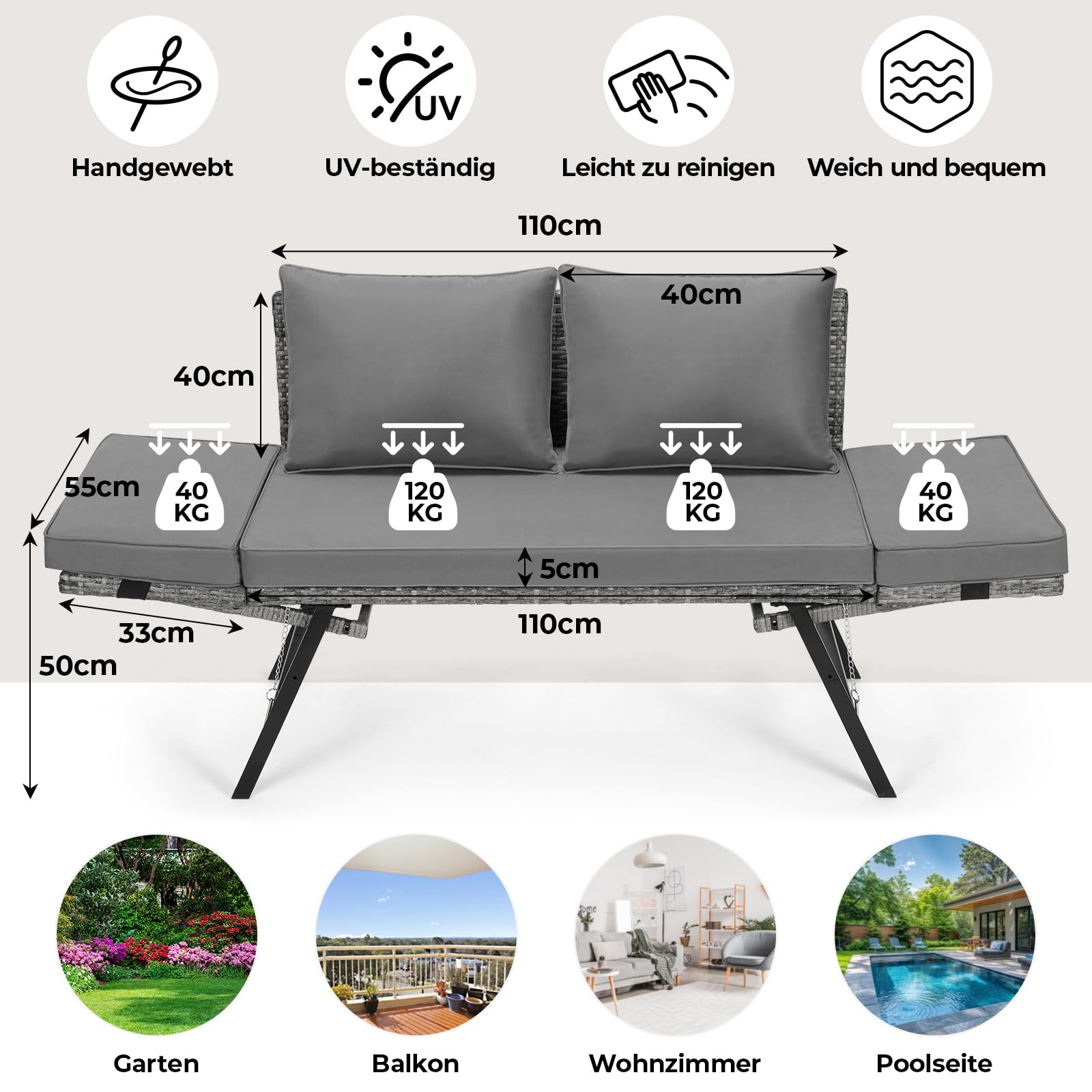 LIFERUN Rattan-Gartenbank Für Garten, Terrasse,Balkon,Poolbereich,Innenhof, Polyrattan,Loungesofa,Gartensofa,2-Sitzer,Verstellbare Armlehnen,Outdoor Sofa,Graues Rattan