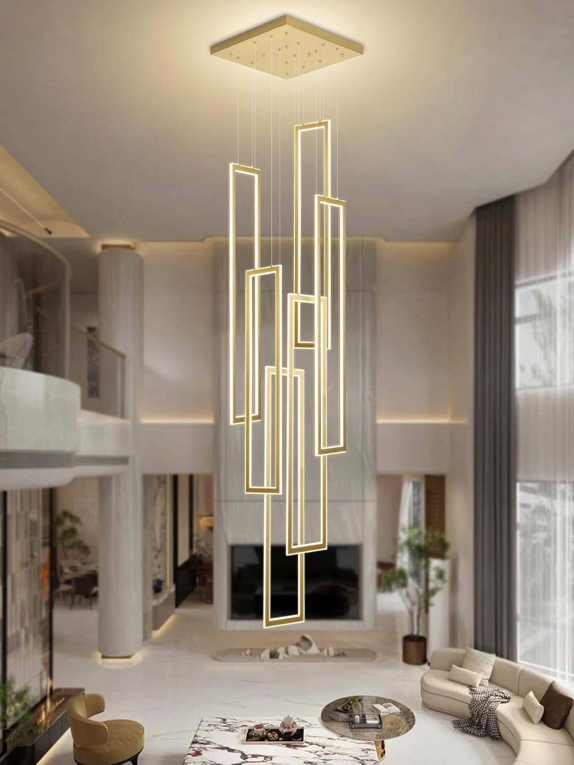 ykolupty 6-Rings Modern Chandelier,H138 Rectangle Chandeliers for Staircase,LED Dimmable High Ceiling Chandeliers Large Contemporary Chandelier for Villa Foyer Gold