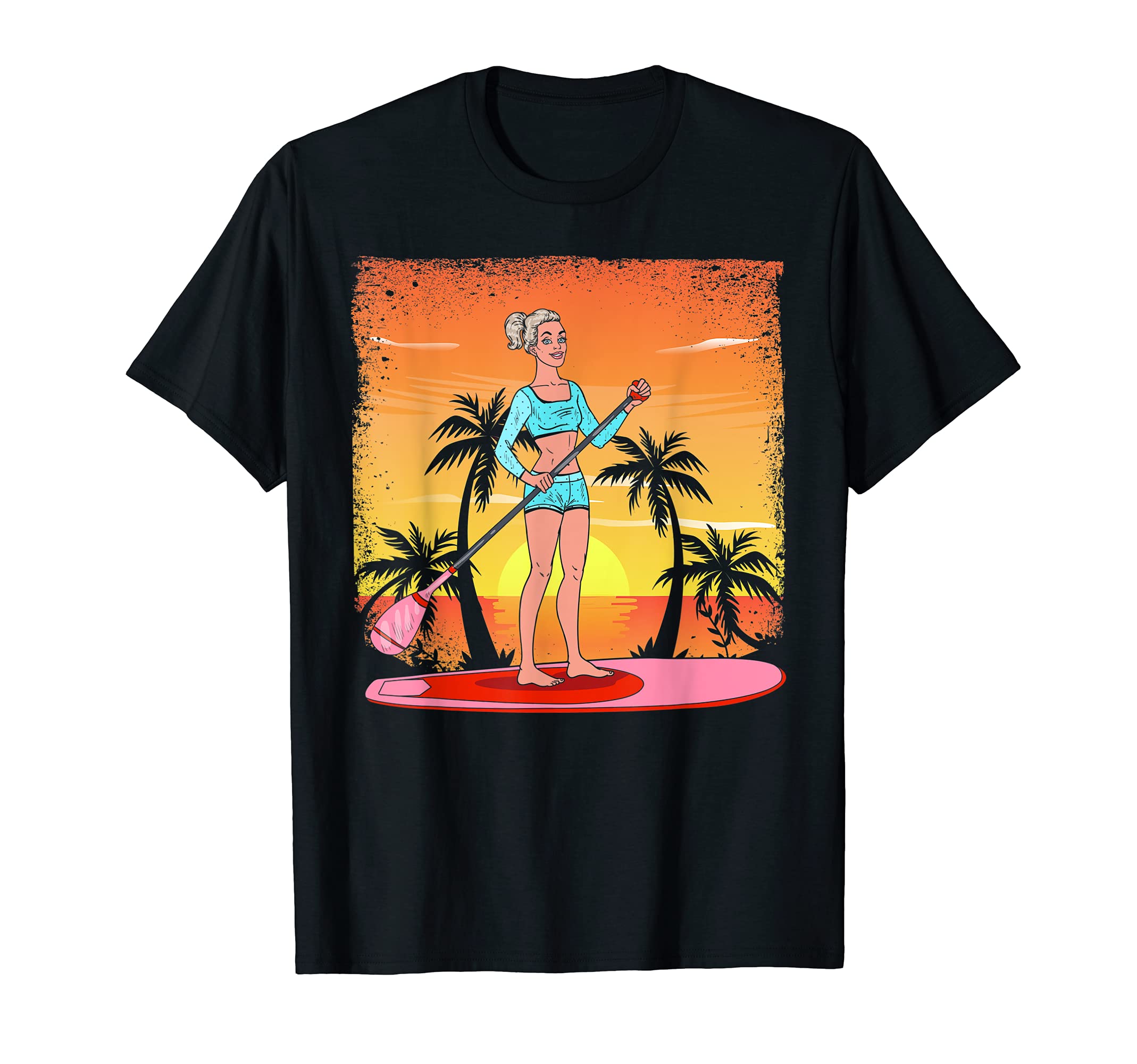 Tropical Beach Stand Up Paddling Women Tropical Sunset SUP T-Shirt, Black