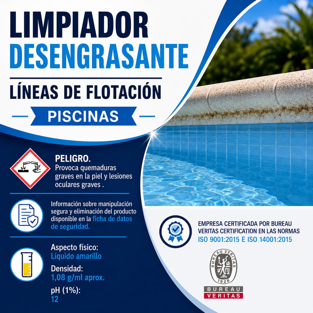 Limpiador DESENGRASANTE LÍNEAS DE FLOTACIÓN Piscinas NETLINE Potente Limpiador alcalino Especial para líneas de flotación de Piscinas. Elimina eficazmente cremas y Manchas metálicas - Formato 5L