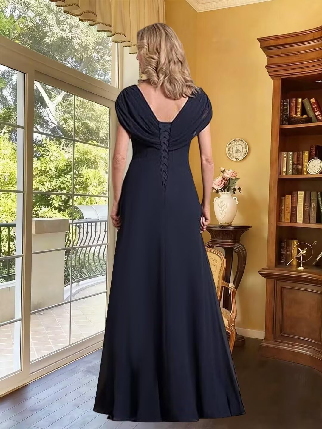 Cap Sleeve Mother of The Bride Dresses for Women with Applique Chiffon Pleated V Neck Long Formal Dress