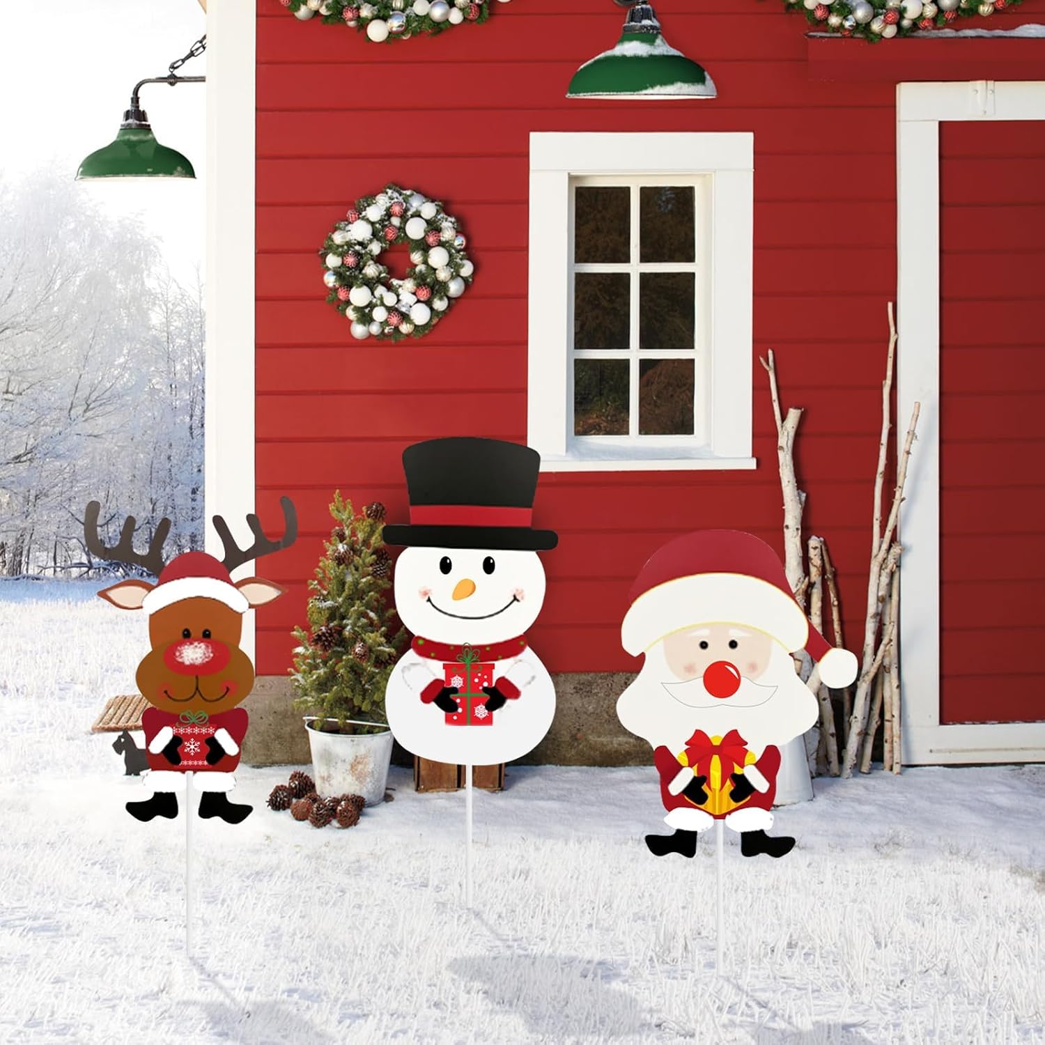 3 Pack 23.3 Inches Christmas Yard Signs with Stakes, Metal Standing Reindeer, Santa Claus, and Snowman Yard Signs for Garden Decor, Outdoor Winter Xmas Ornaments for Home Front Door Lawn Decorations