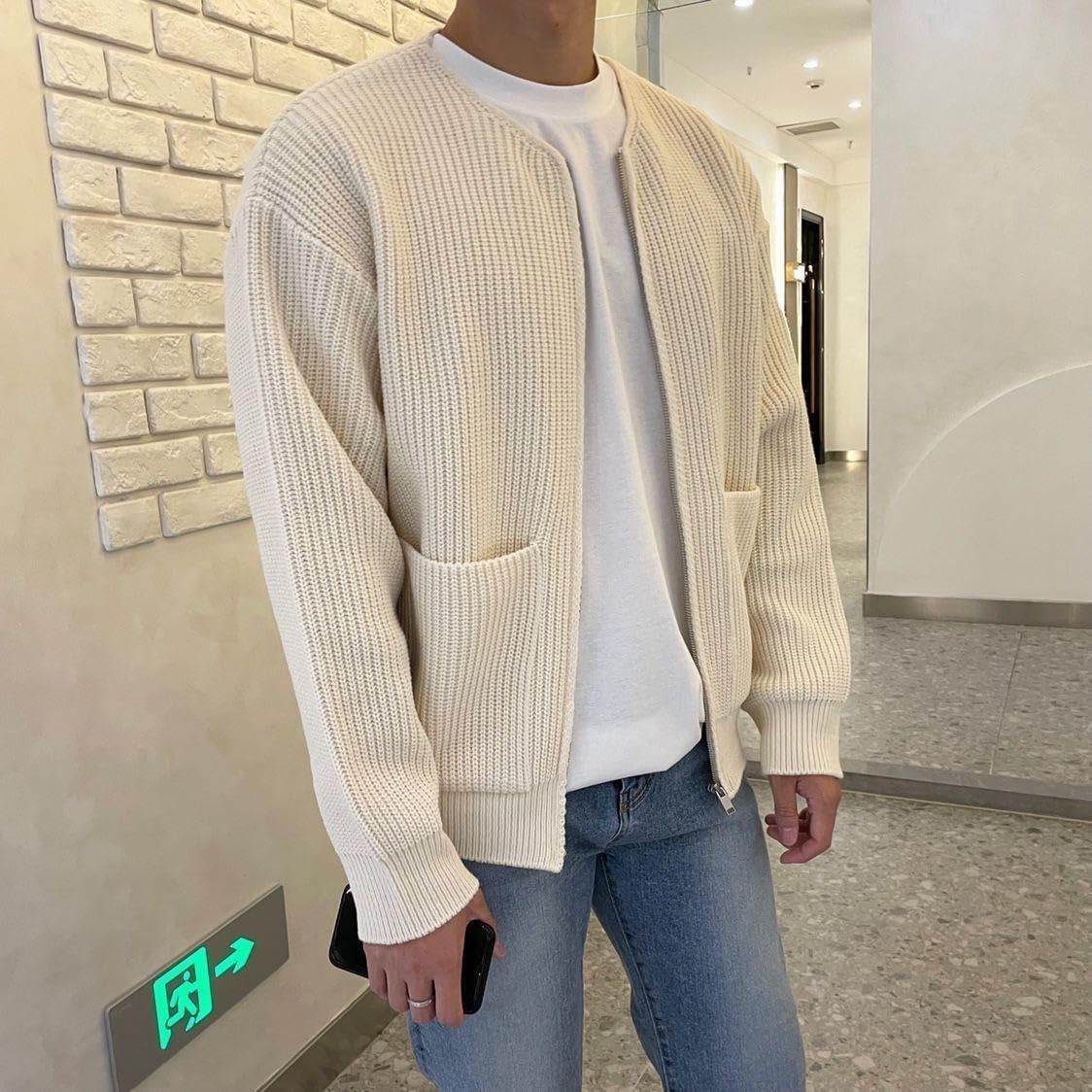 Suéteres de punto de moda para hombre, talla grande, con cremallera, suéter de punto de manga larga, abrigo de punto cálido con cremallera con 2 bolsillos