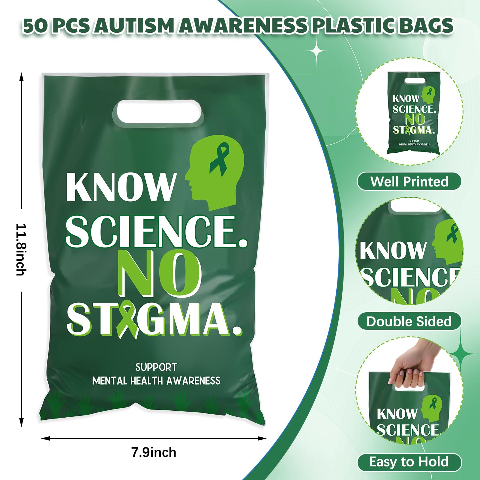 Panelee 100 Pcs Mental Health Awareness Plastic Goody Bags with Handle Know Science No Stigma Mental Health Treat Gift Bag for Party Campaign Support Favor Decoration