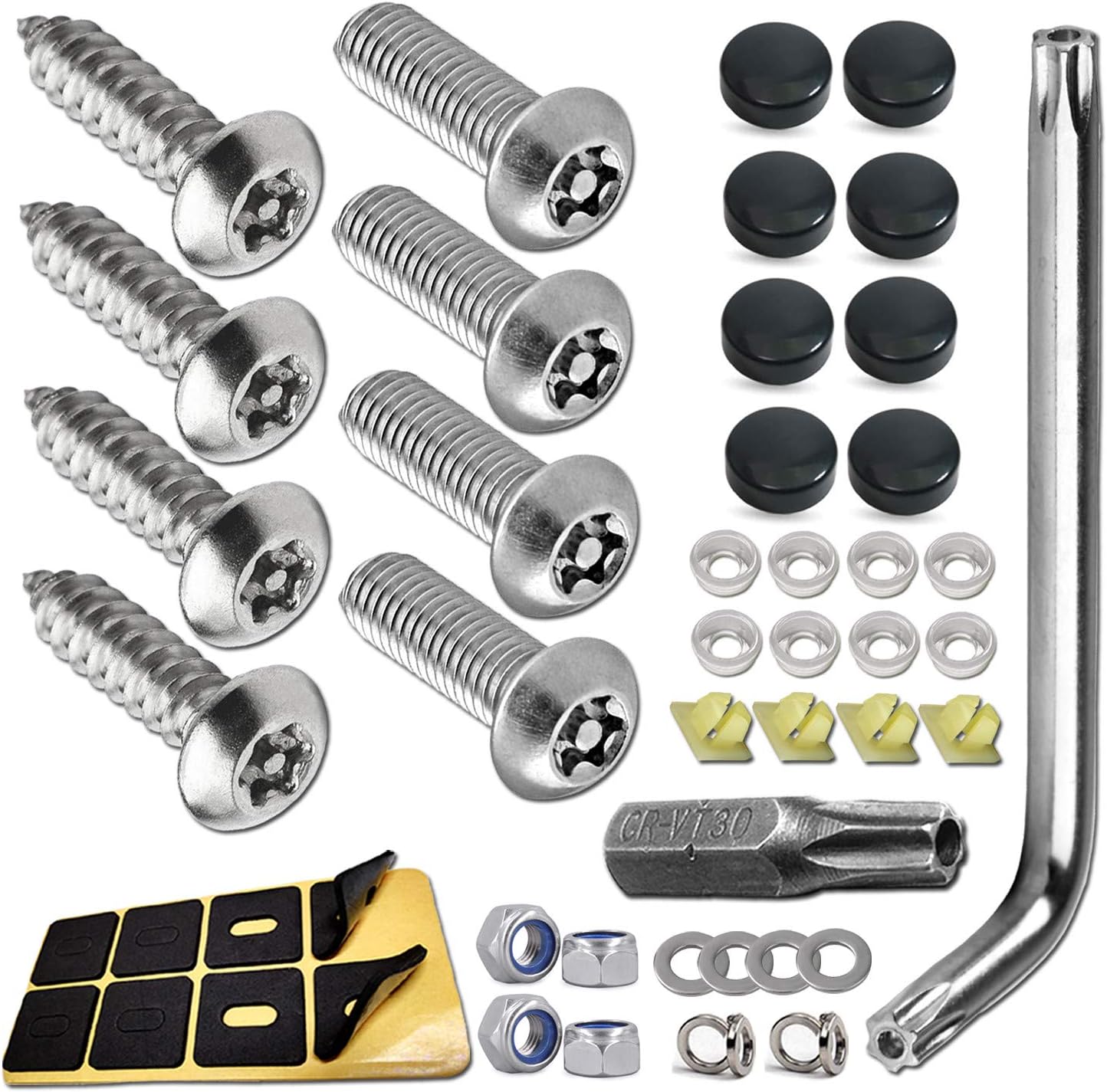 Anti Theft License Plate Screws- Stainless Steel Bolts Fasteners Kits for Car Tag Frame Holder, Tamper Resistant Mounting Hardware,1/4"(M6) Security Screw Set,Rust Proof, Black Screw Caps Cover