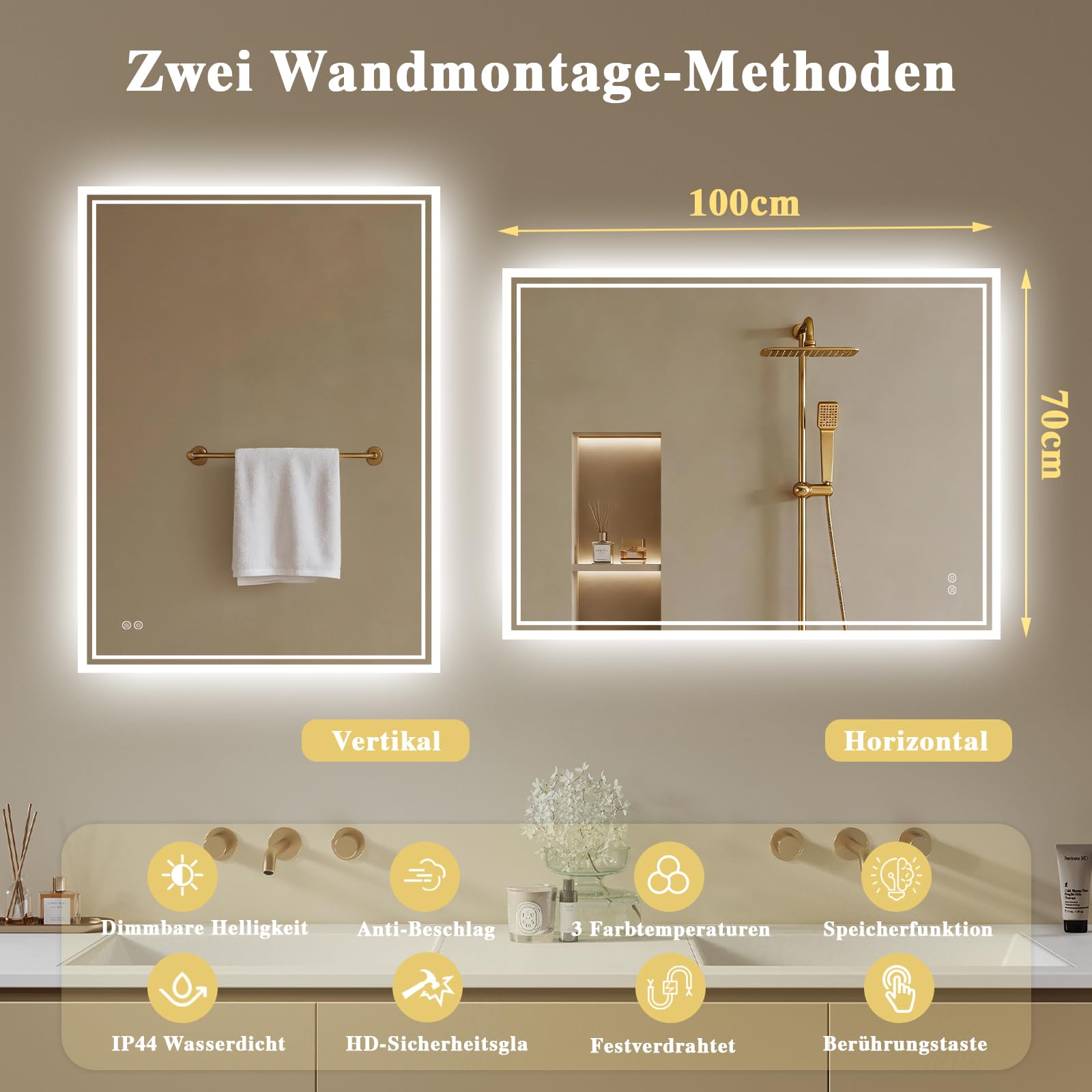 Badspiegel-mit-Beleuchtung 100x70cm - Badezimmer Spiegel mit Beschlagfrei - LED Badezimmerspiegel mit Touch-Schalter,Dimmbar,3 Lichtfarben Wandspiegel Horizontal/Vertikal