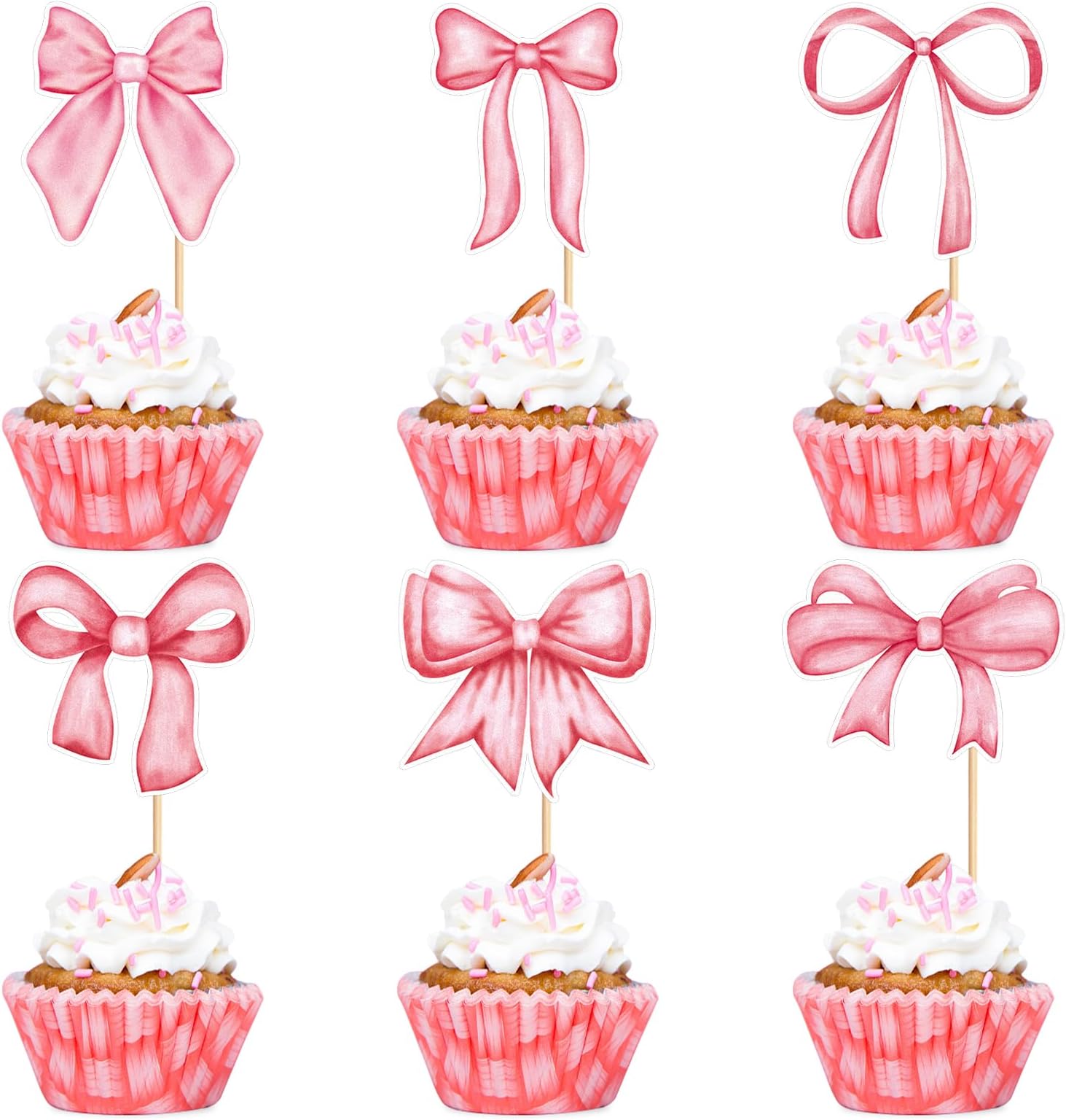 24 Pack Pink Bow Cupcake Toppers Bowknot Pink Cupcake Picks Bridal Baby Shower Cake Dessert Picks Decoration Baby Girl Women Birthday Wedding Party Supplies pink