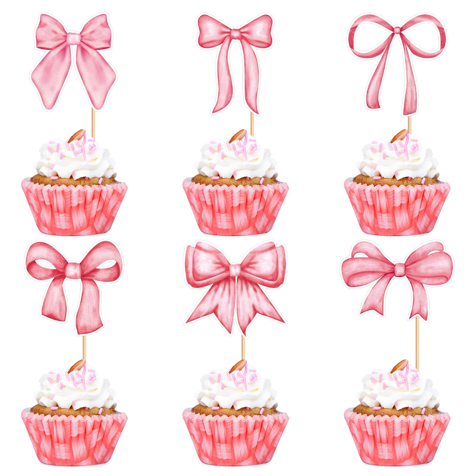 24 Pack Pink Bow Cupcake Toppers Bowknot Pink Cupcake Picks Bridal Baby Shower Cake Dessert Picks Decoration Baby Girl Women Birthday Wedding Party Supplies pink