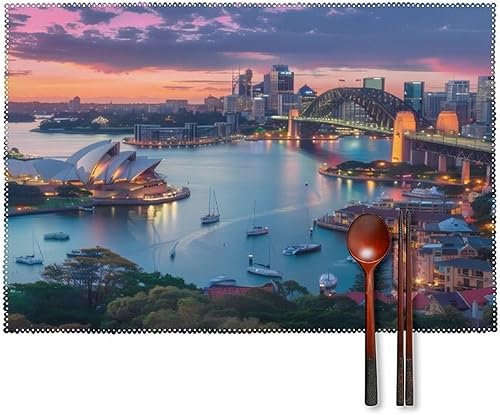 Australia Sydney Bridge Cityscape Skyline Placemats Set of 6 Resistant Table Mats Washable Place Mats for Dinner Party Table Decoration