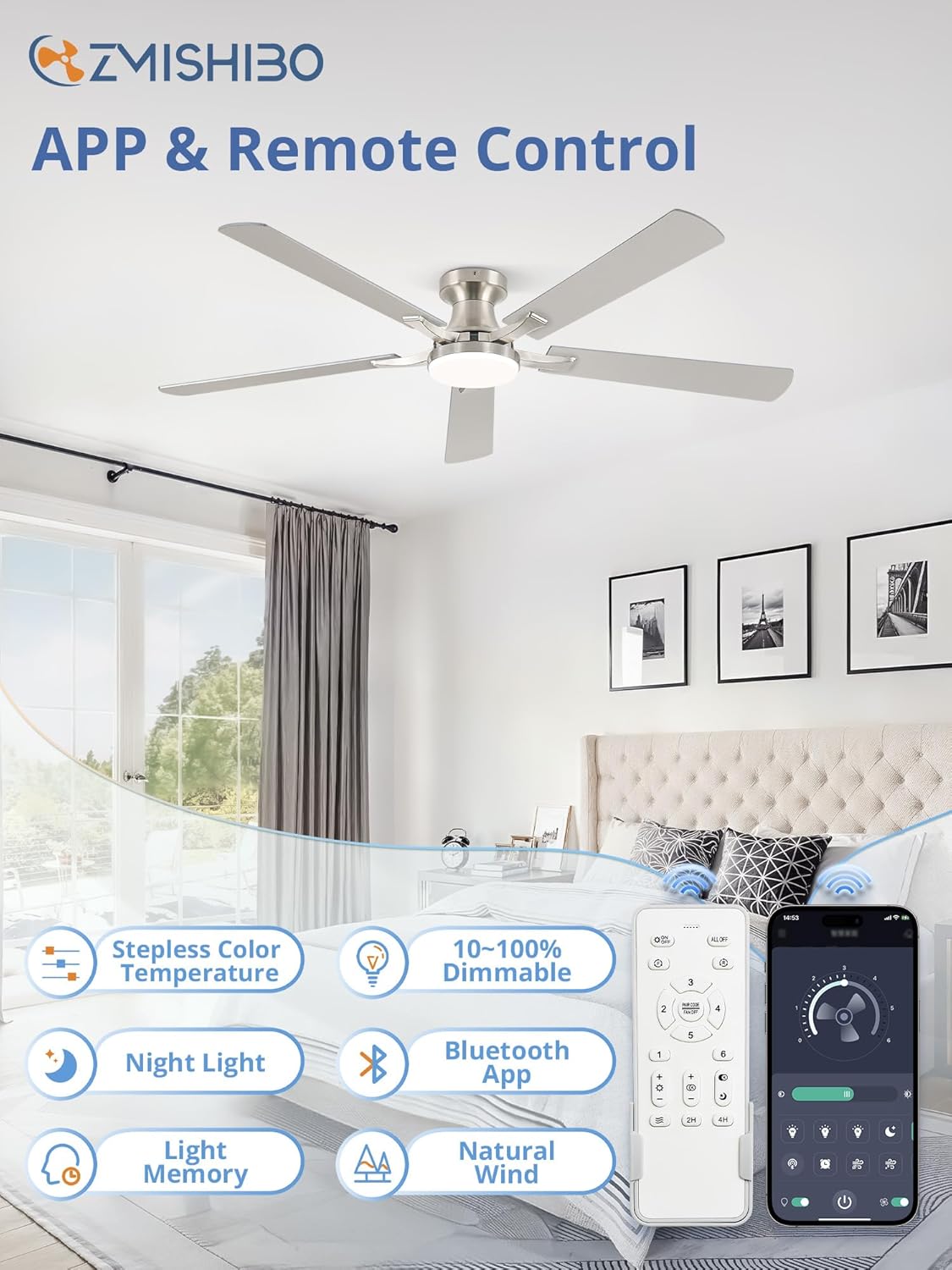 ZMISHIBO Ceiling Fan Package Contents including fan, remote, and app interface