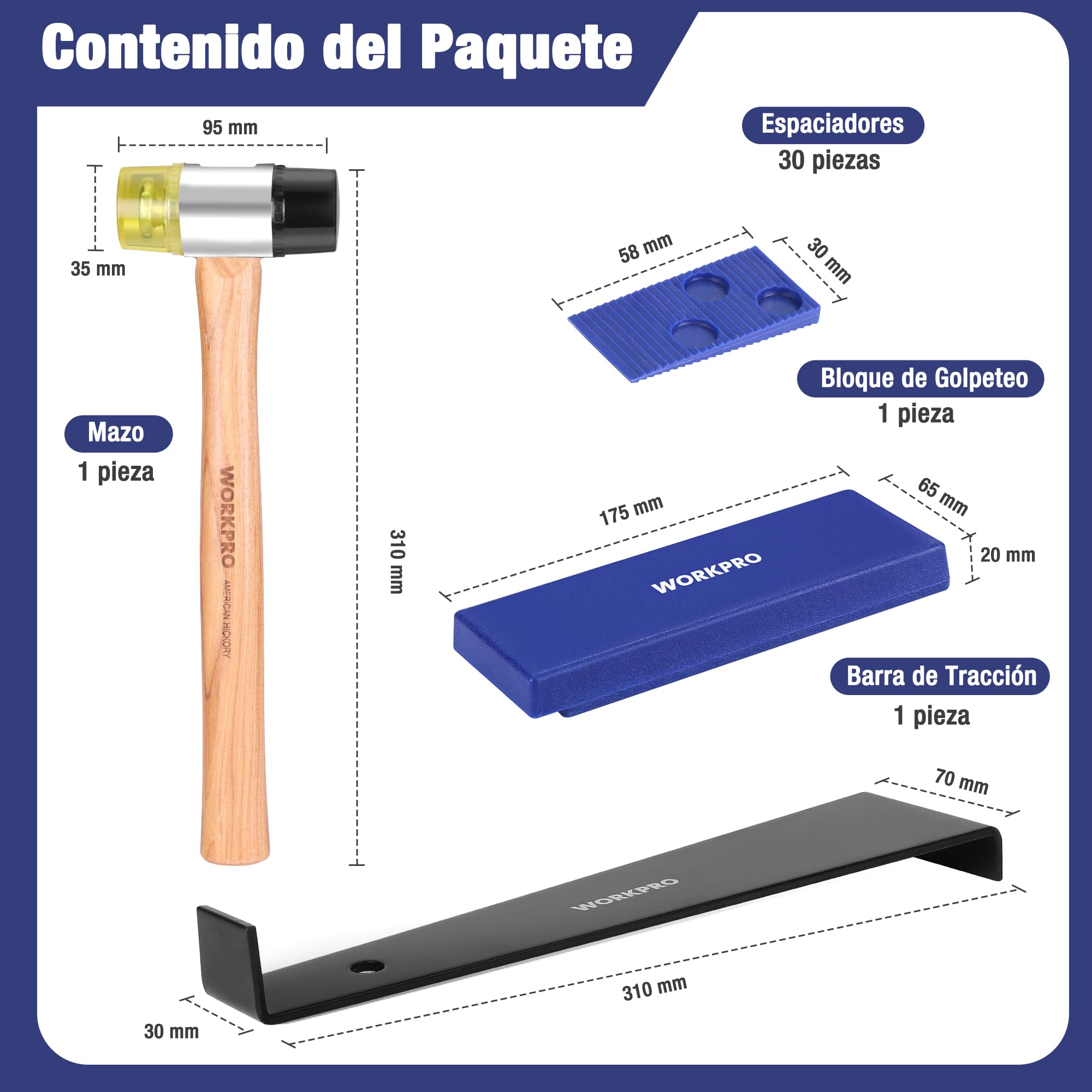 WORKPRO Herramientas para Suelos Laminados con 30 Separadores, Kit de Instalación de Suelo y Piso Laminado, Martillo de Doble Cara, Barra de Tracción y Taco de Impacto