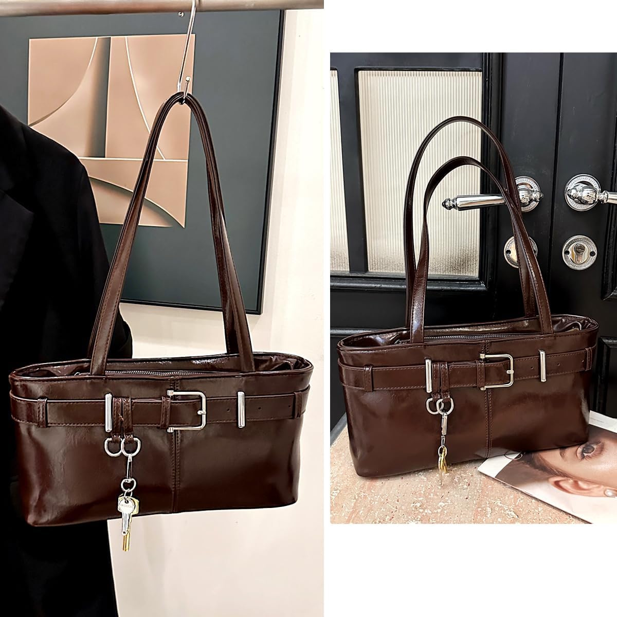 Vintage Y2K Shoulder Bag for Women - Small Belt Buckle Satchel Purse, Underarm Tote Handbag for Daily Use,-Coffee - Image 5