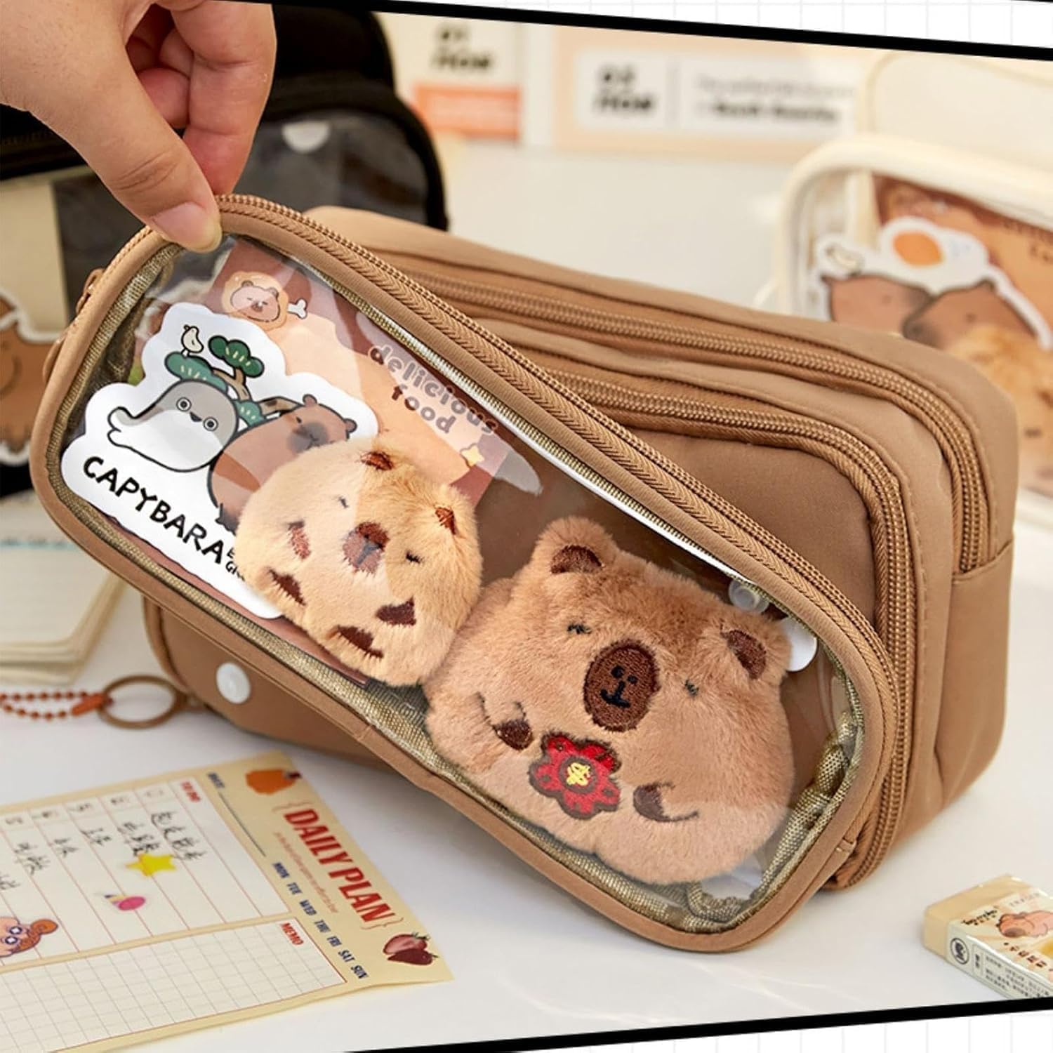 Capybara Pencil Case,Cute Detachable Clear Pencil Case Aesthetic Large Multi-Layer Pen Case,Kawaii Stuff Pencil Box Capybara Zipper Pencil Pouch with Stickers,Capybara Stationery School Supplies - Image 4