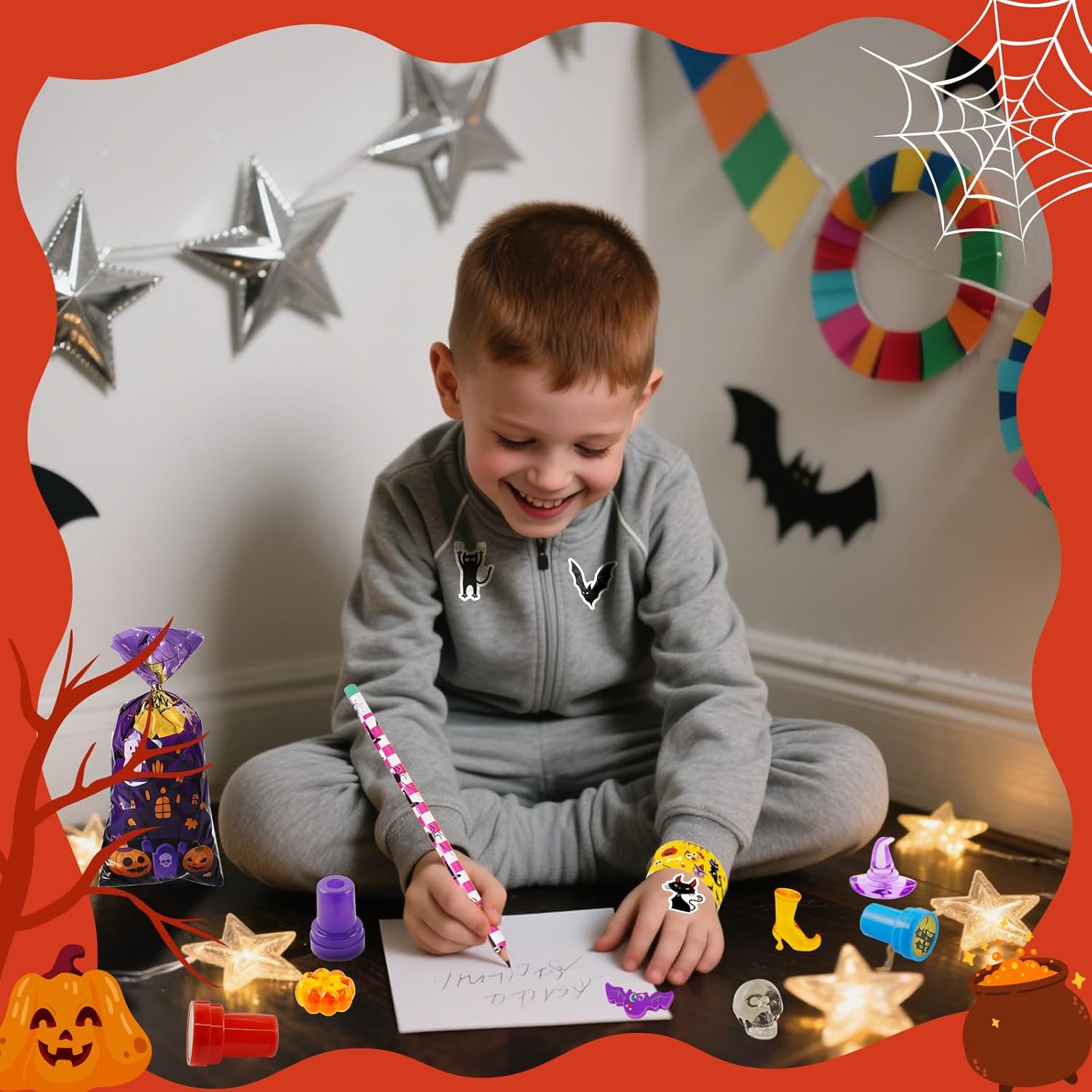 Hiawbon 40 Pack Assorted Halloween Stationery Set 360PCS Halloween Themed Stationery Bulk, Goodie Bag Stuffers Fillers Including Pencils Erasers Stamper Stickers Bracelet for Gifts