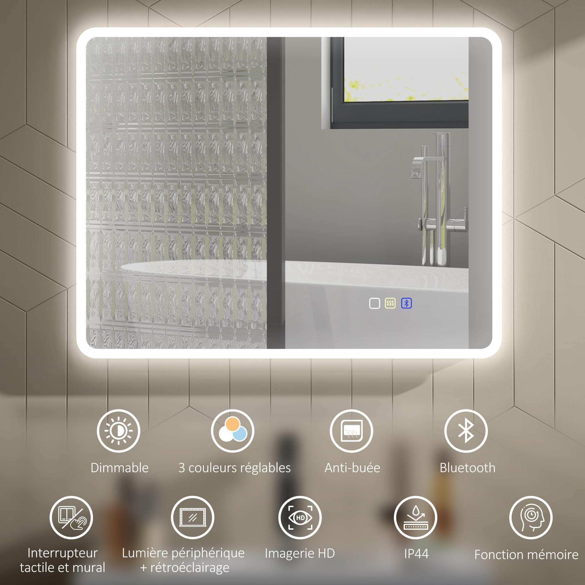 HOMCOM Miroir Salle de Bain Bluetooth 70 x 90 cm, Miroir Lumineux Salle de Bain Mural avec éclairage LED, Interrupteur Tactile, lumière réglable 3 Couleurs, Anti-buée, mémoire - Argent
