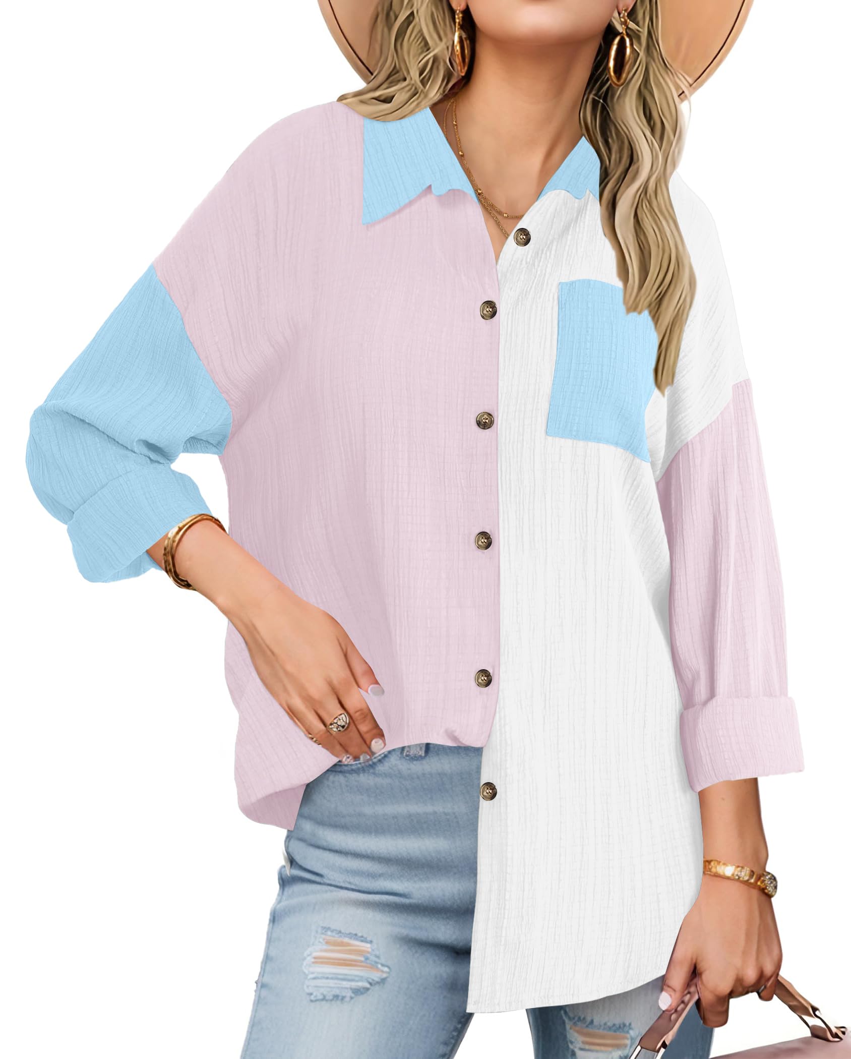 Neweek Womens Linen Button Down Shirts Casual Long Sleeve Loose Textured Collared Blouses Work Tops with Pocket