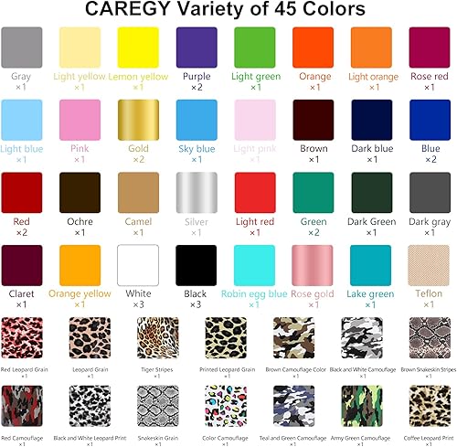 Miniatura 2 de CAREGY Paquete de vinilo HTV de transferencia de calor paquete de 55 vinilos de poliuretano de 12 x 10 pulgadas para camisetas, 45 colores surtidos