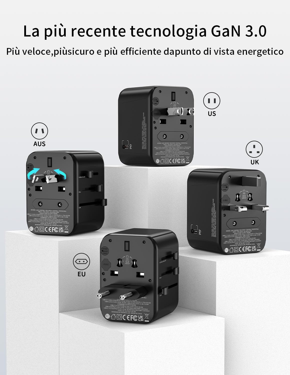 MOMAX Adattatore universale da viaggio PD35W con 3USB-C, 2USB-A e 1AC, adattatore internazionale per USA Canada UK Australia Cina Giappone Titanio