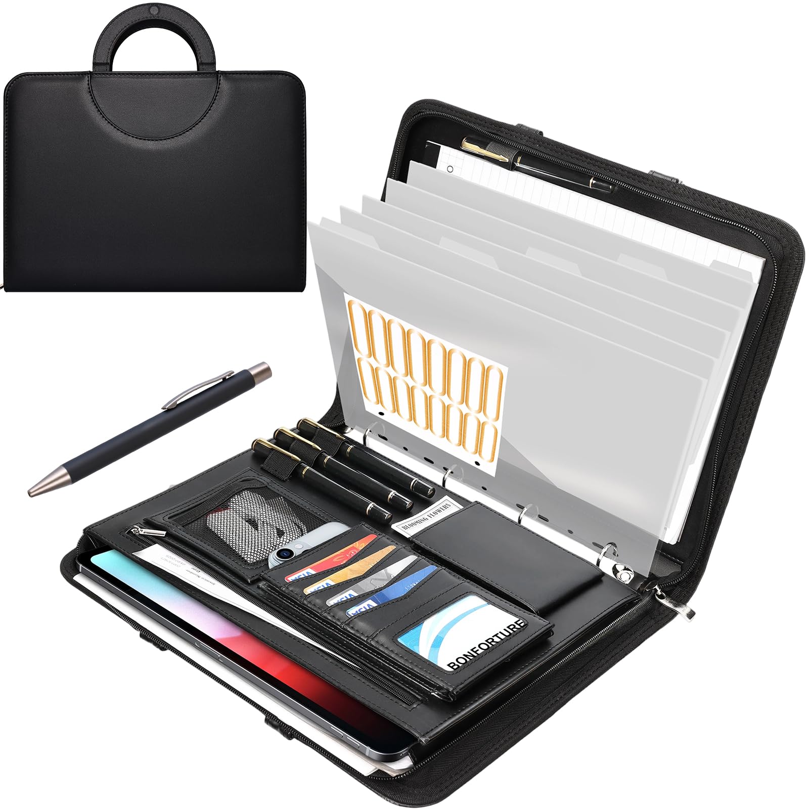 BONFORTURE Portfolio Folder A4 with Magnetic Handle, Vegan Leather Zipper Conference Folder 4-Ring, Multi-Pockets Document Holder for Work Travel Business School Office