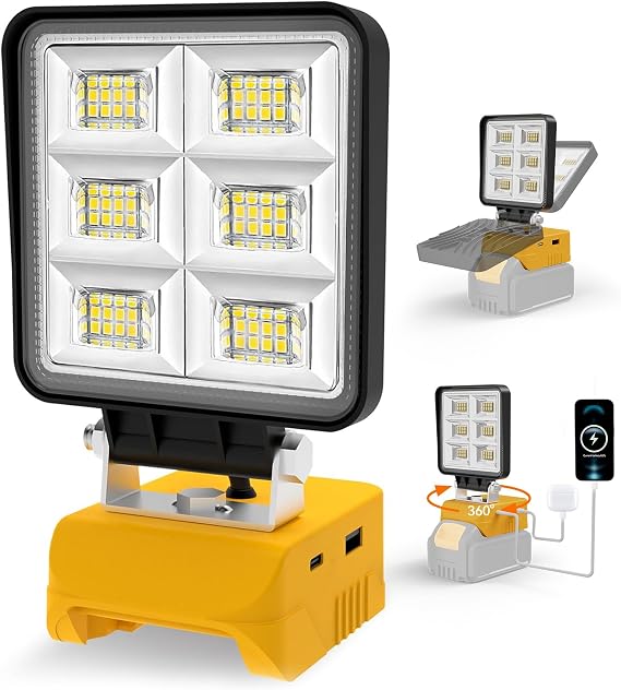 T-SUN LED Work Light, Portable Work Light Compatible with Dewalt 20V Battery, Cordless Flashlight Flood Lights 52W 5200LM with USB &Type C Charger Port for Workshop, Garage Repair (1 Pack)